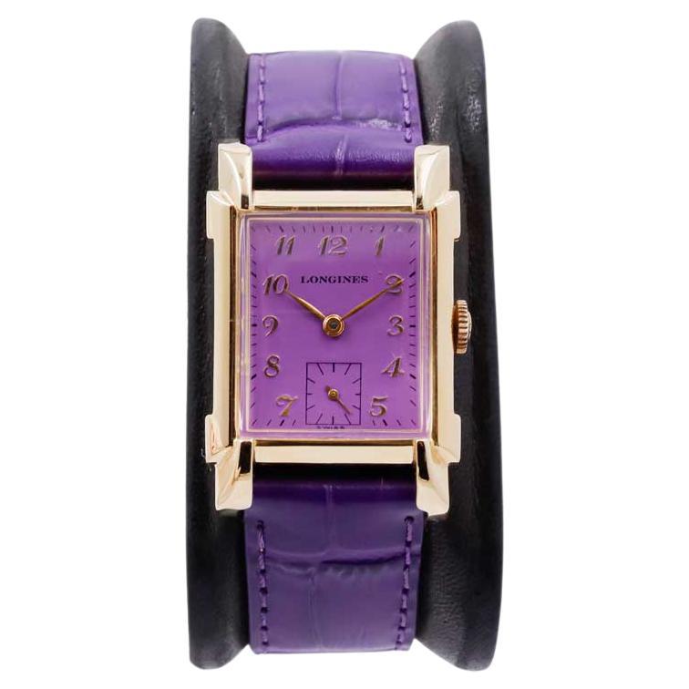 Longines Yellow Gold Filled Art Deco Tank Watch with Custom Finished Purple Dial
