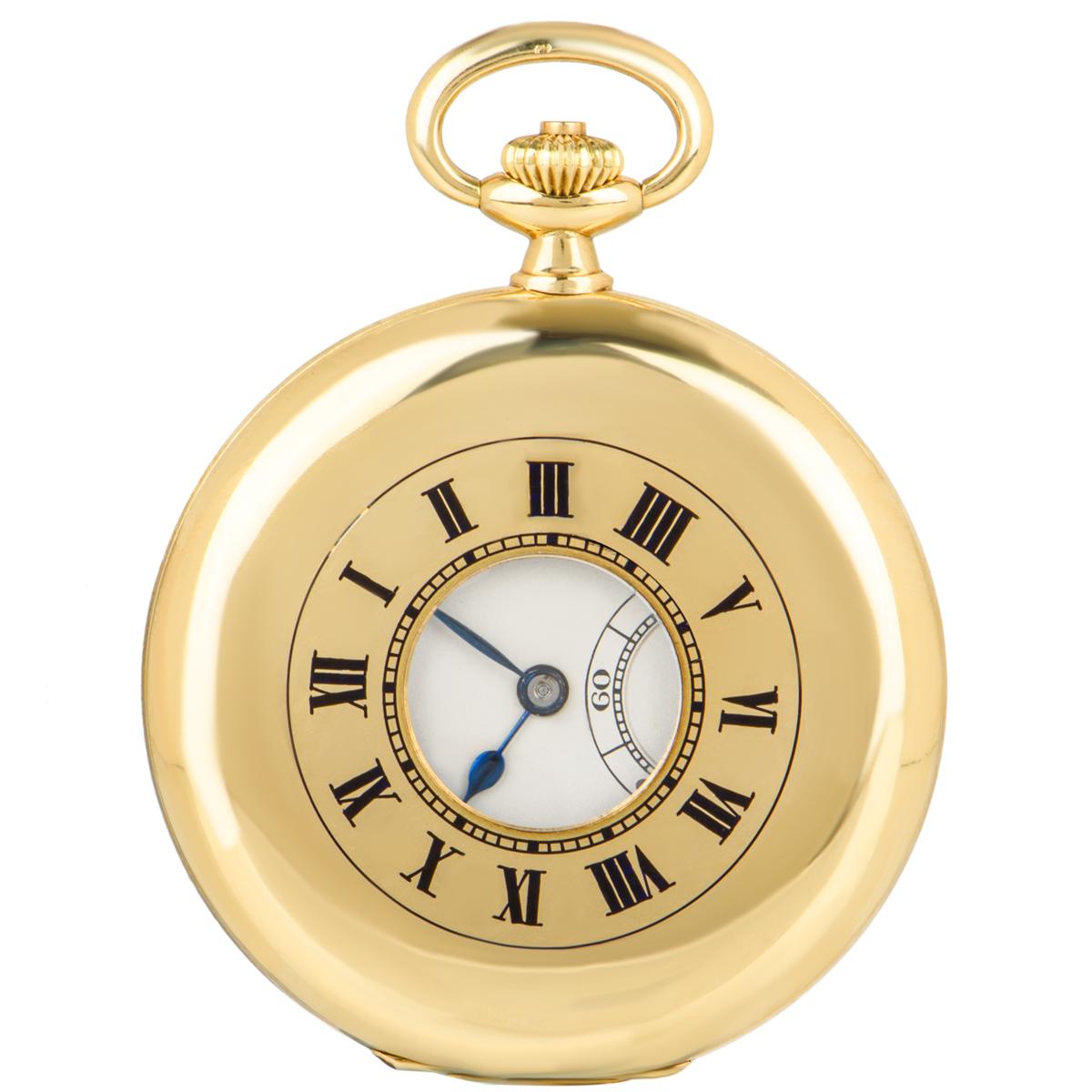 Longines 18ct yellow gold keyless lever slim half hunter pocket watch retailed by Mappin & Webb with a matching 18ct yellow gold chain and original presentation box, C1930s.

Dial: The silver Roman Numeral Dial with outer minute track and subsidiary