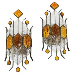 Longobard Design Pair of Hammered Clear and Amber Wall Lights, Italy, 1970s