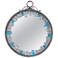 Longobard Italian Midcentury Round Handmade Iron and Chiselled Glass Mirror