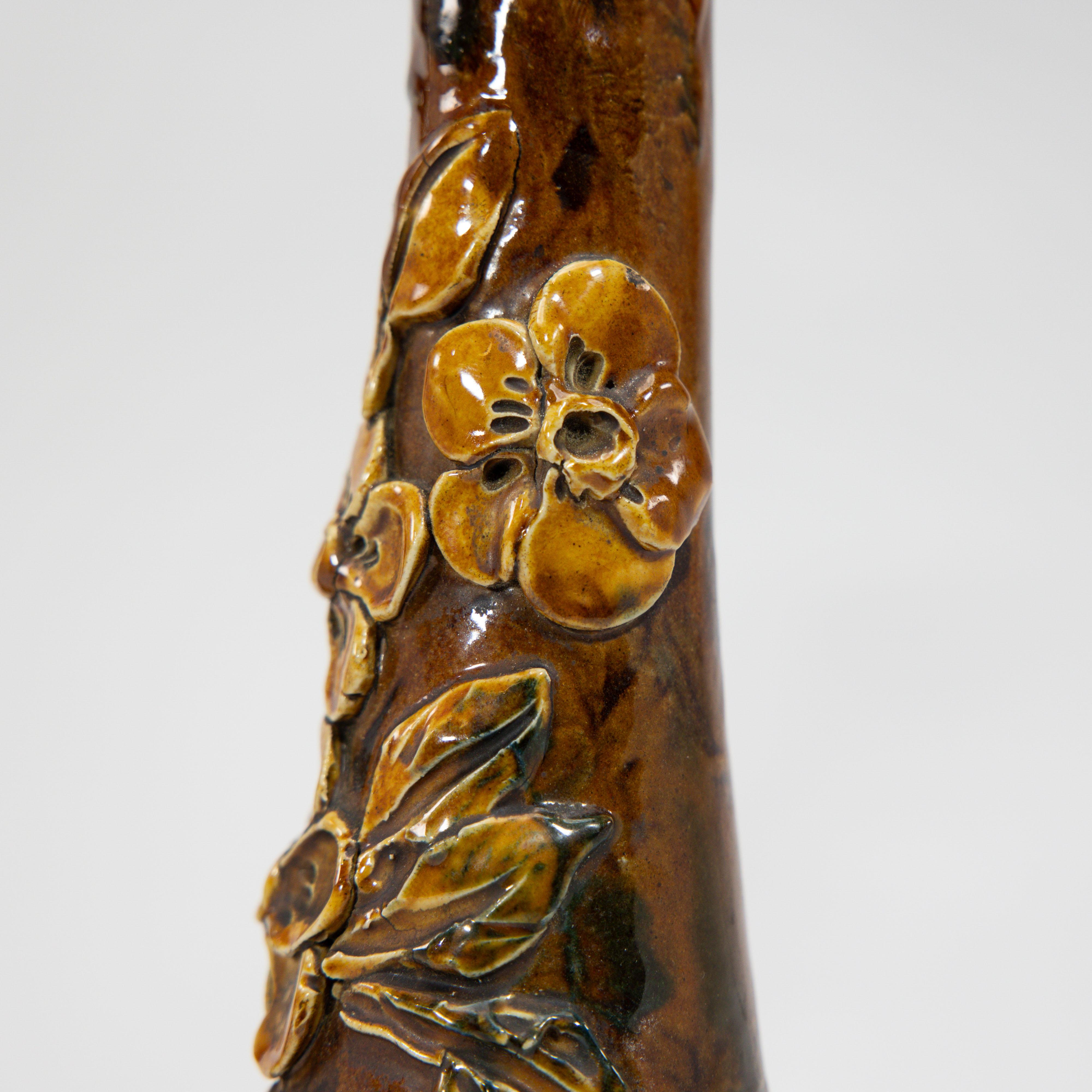 Longpark Pottery. A pair of rustic ceramic vases with applied floral decoration For Sale 3