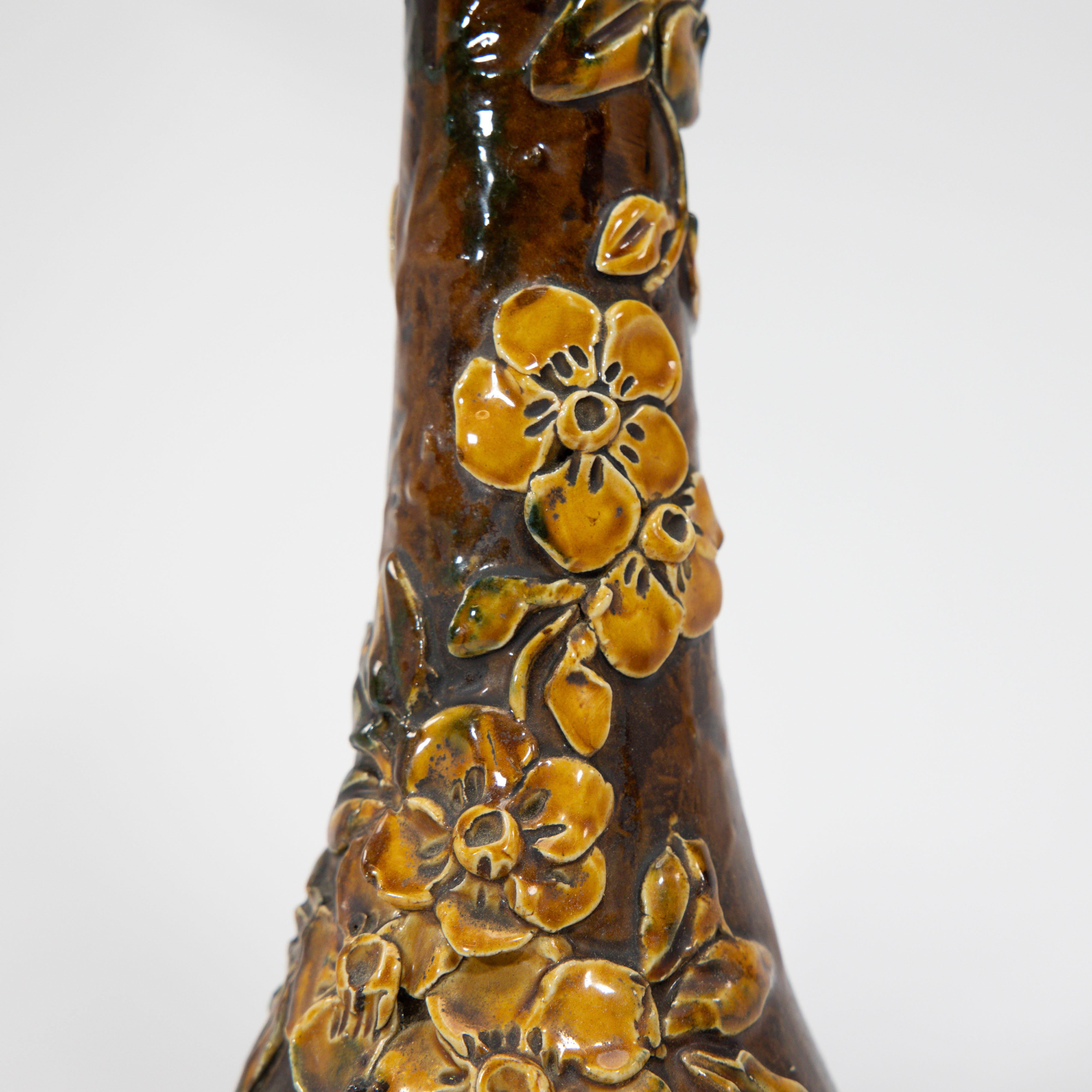 Longpark Pottery. A pair of rustic ceramic vases with applied floral decoration For Sale 4
