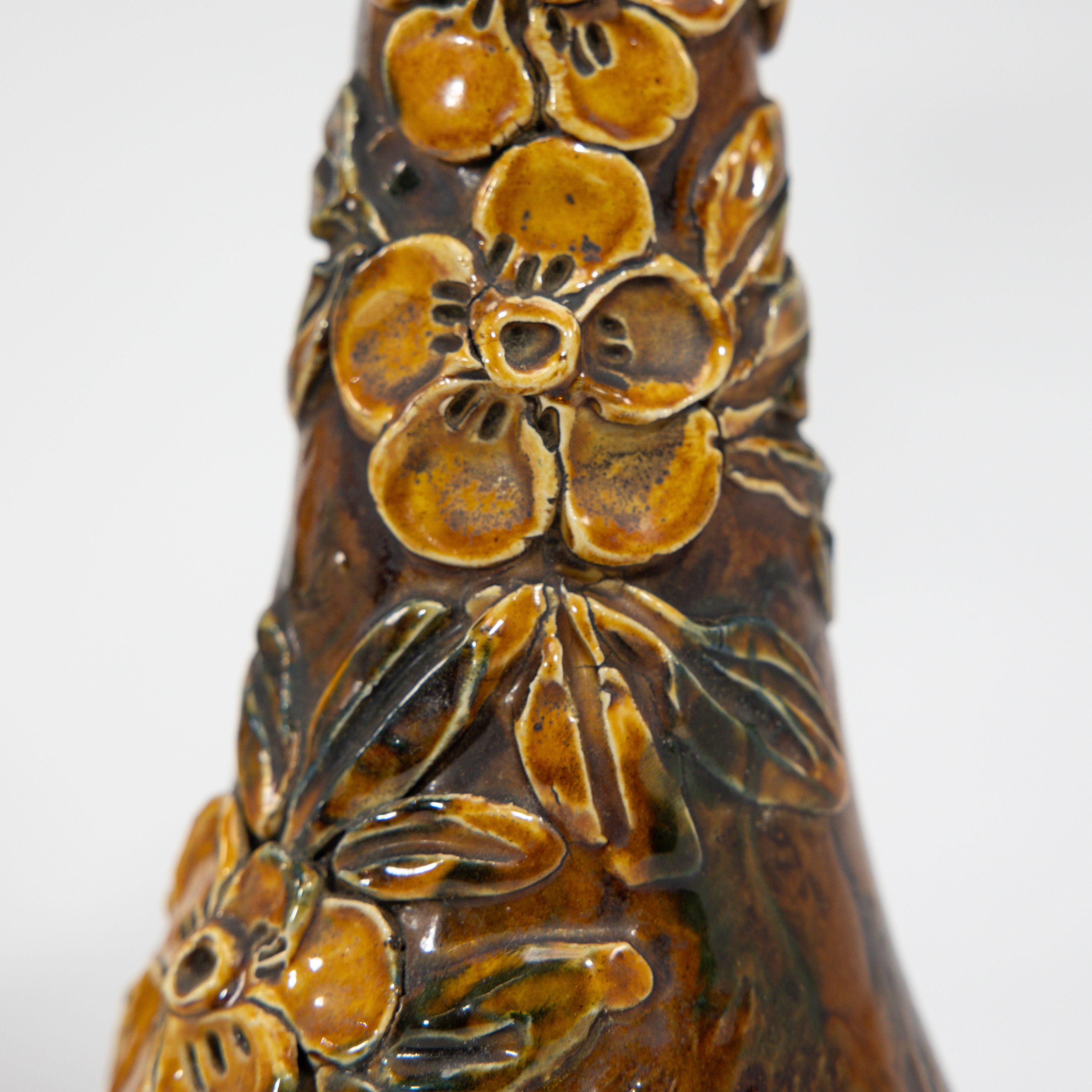 Longpark Pottery. A pair of rustic ceramic vases with applied floral decoration For Sale 5
