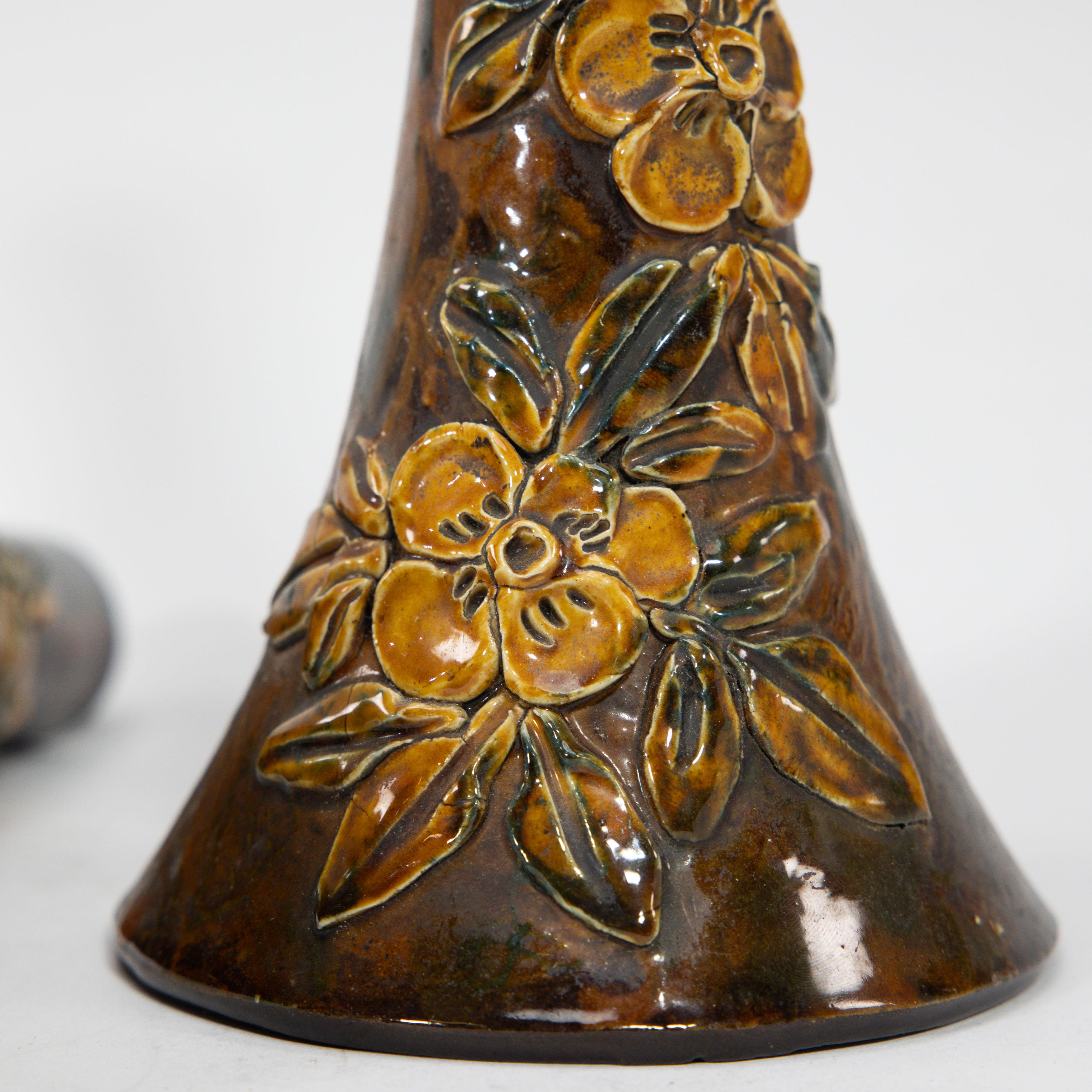 Longpark Pottery. A pair of rustic ceramic vases with applied floral decoration For Sale 6