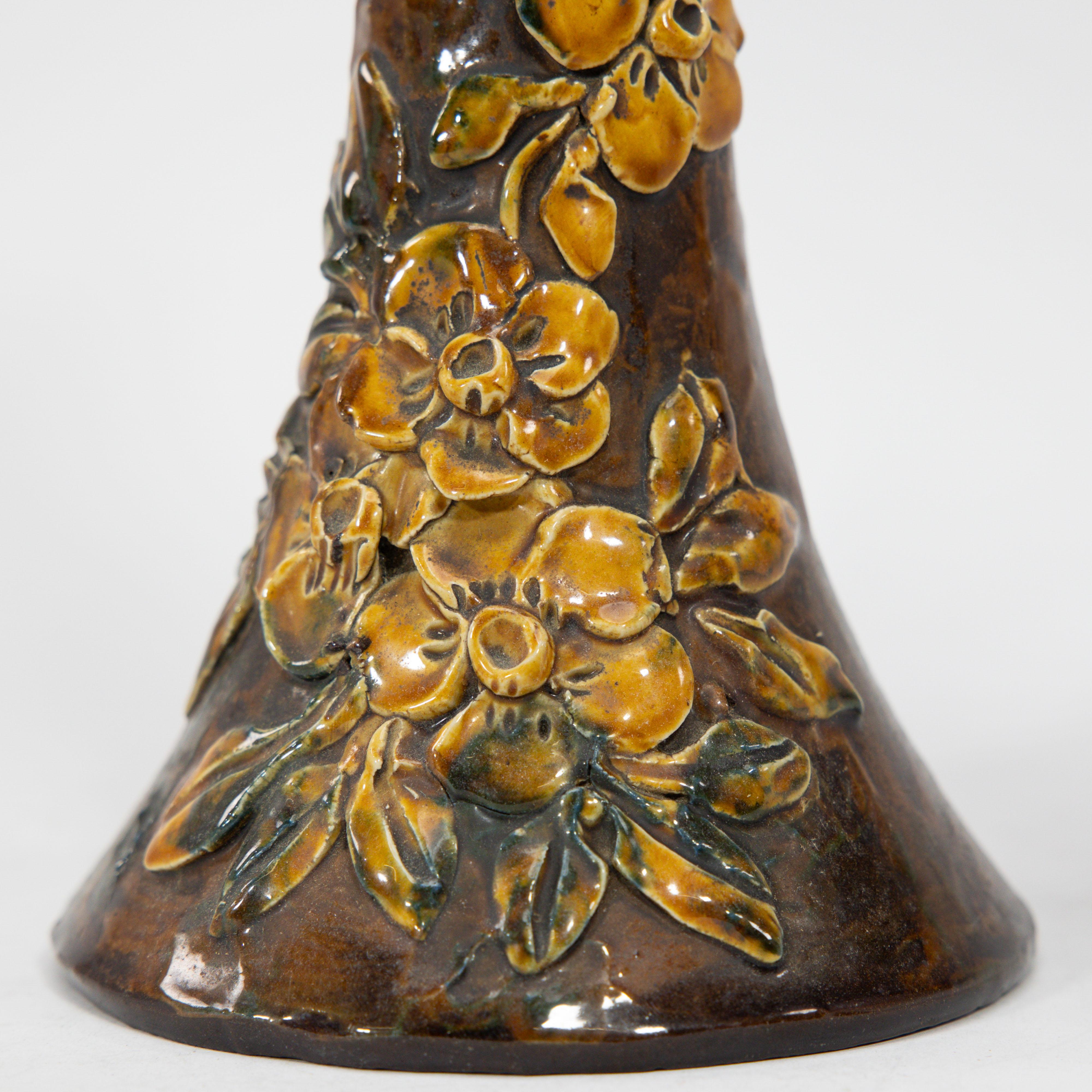 Longpark Pottery. A pair of rustic ceramic vases with applied floral decoration For Sale 7