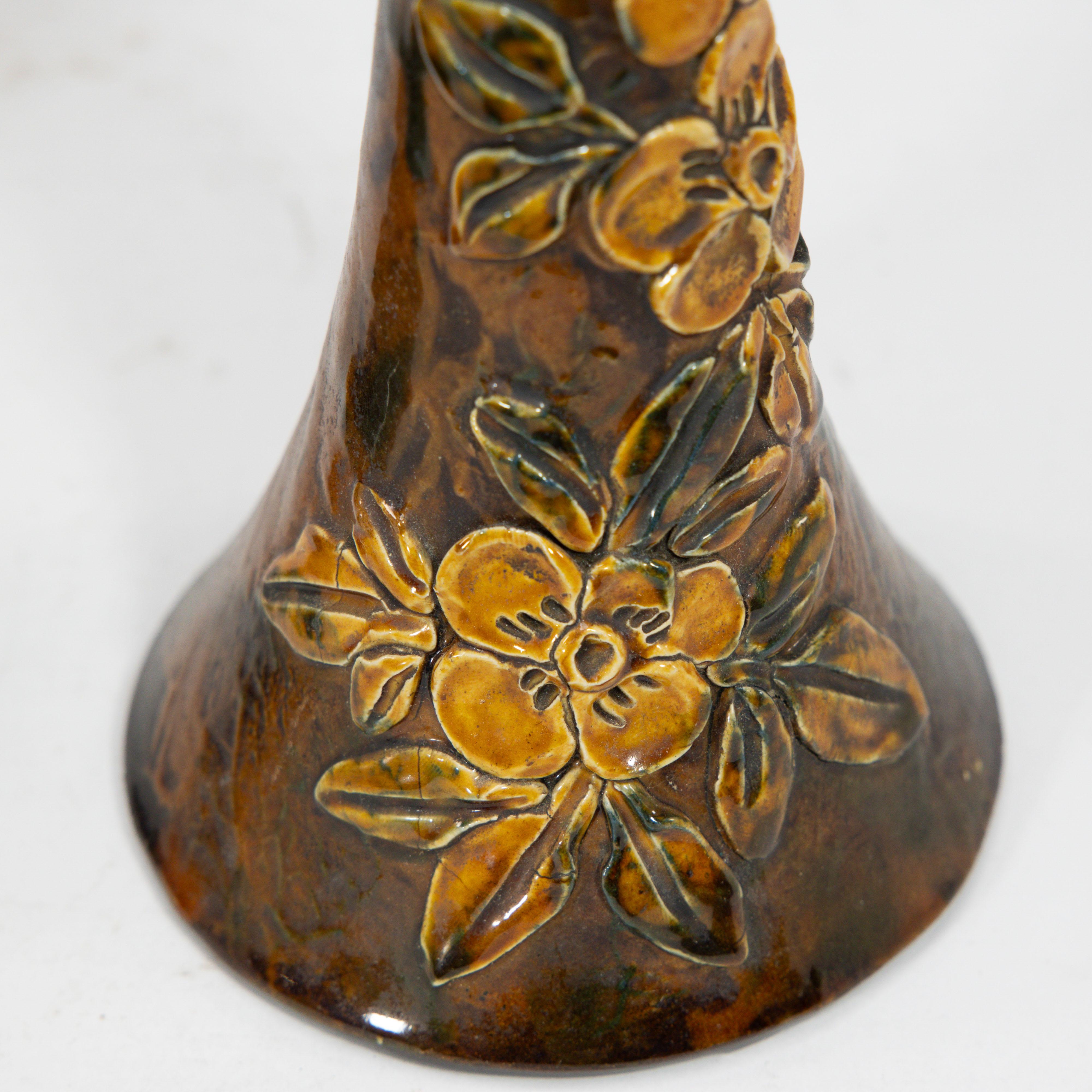 Longpark Pottery. A pair of rustic ceramic vases with applied floral decoration For Sale 8
