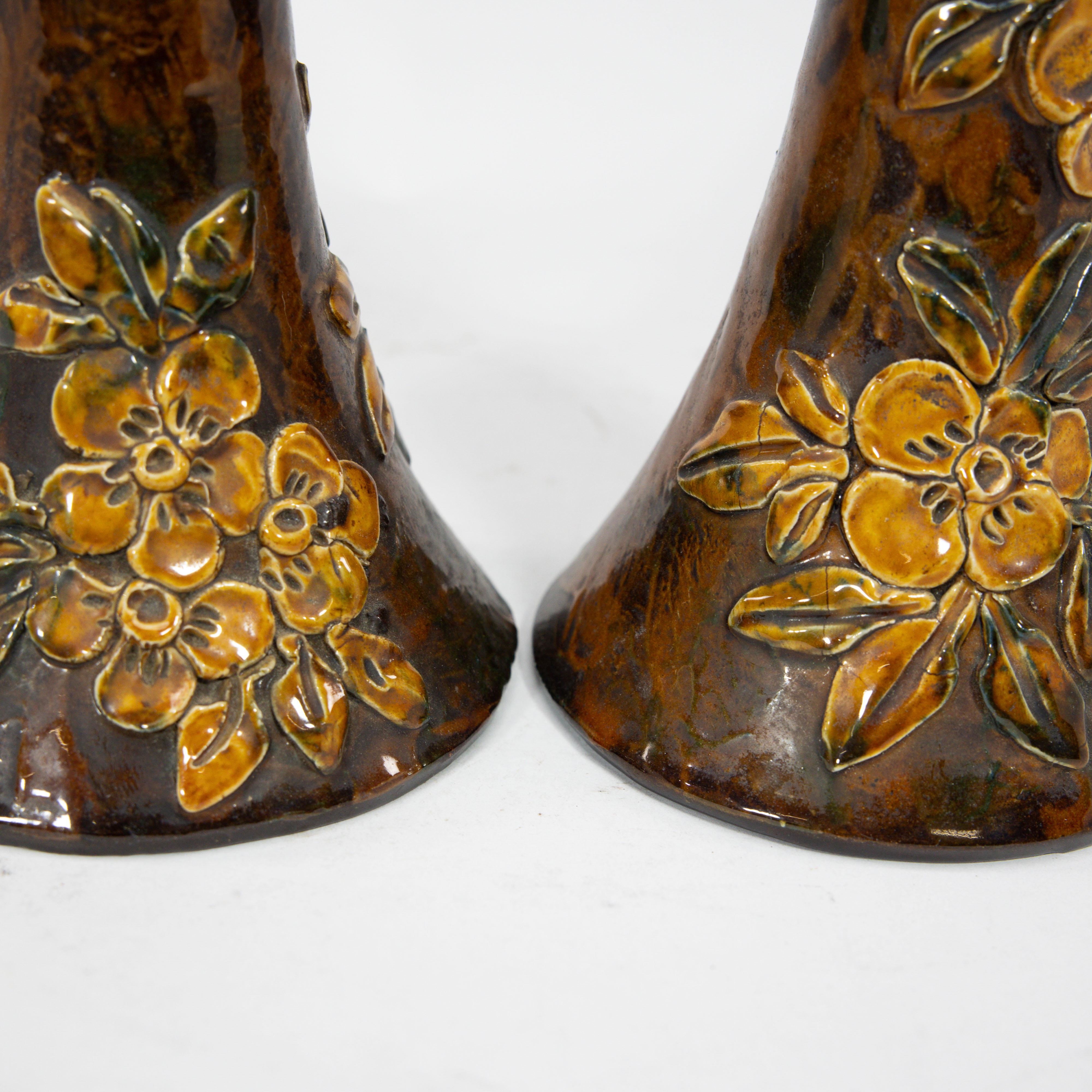 Longpark Pottery. A pair of rustic ceramic vases with applied floral decoration For Sale 9