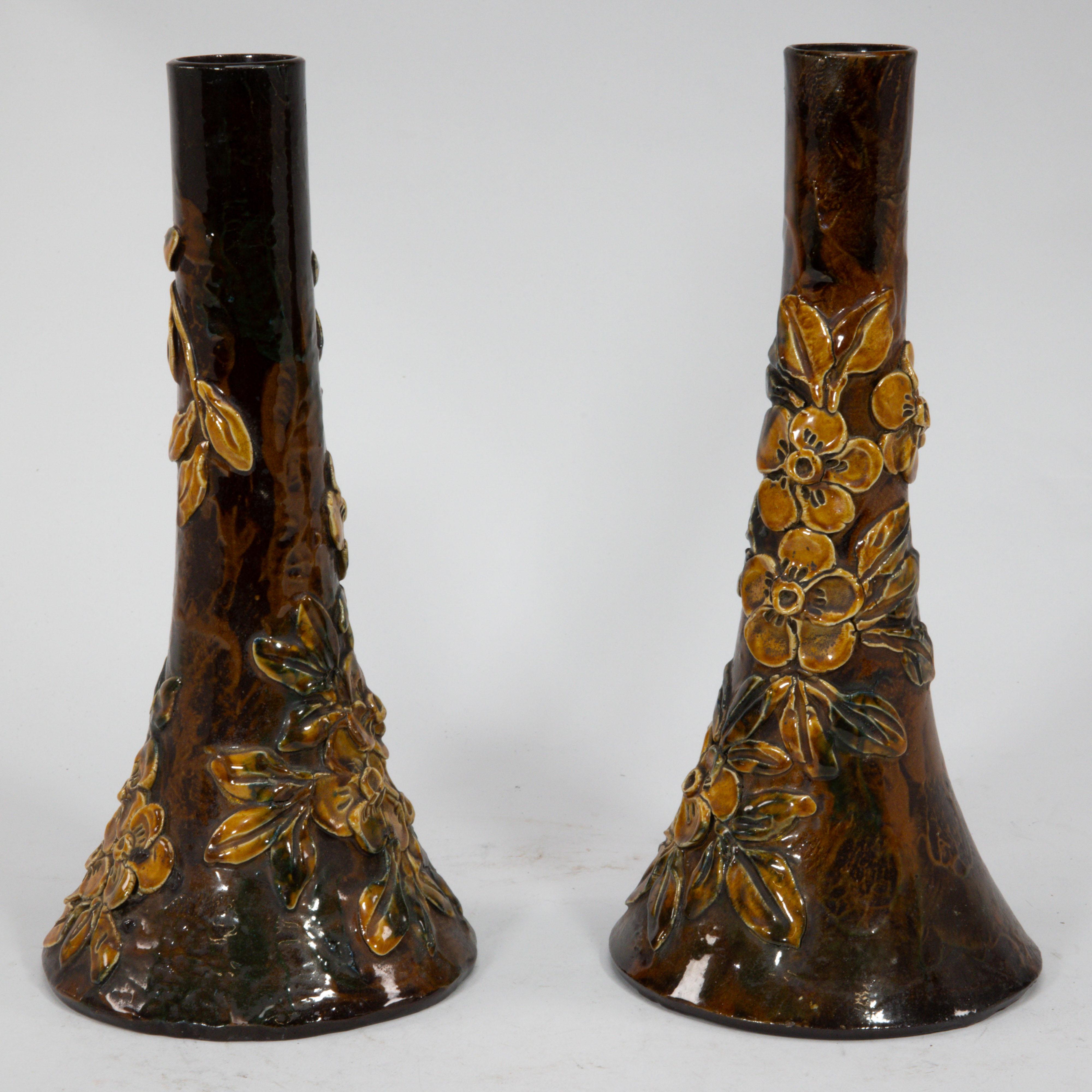 Arts and Crafts Longpark Pottery. A pair of rustic ceramic vases with applied floral decoration For Sale