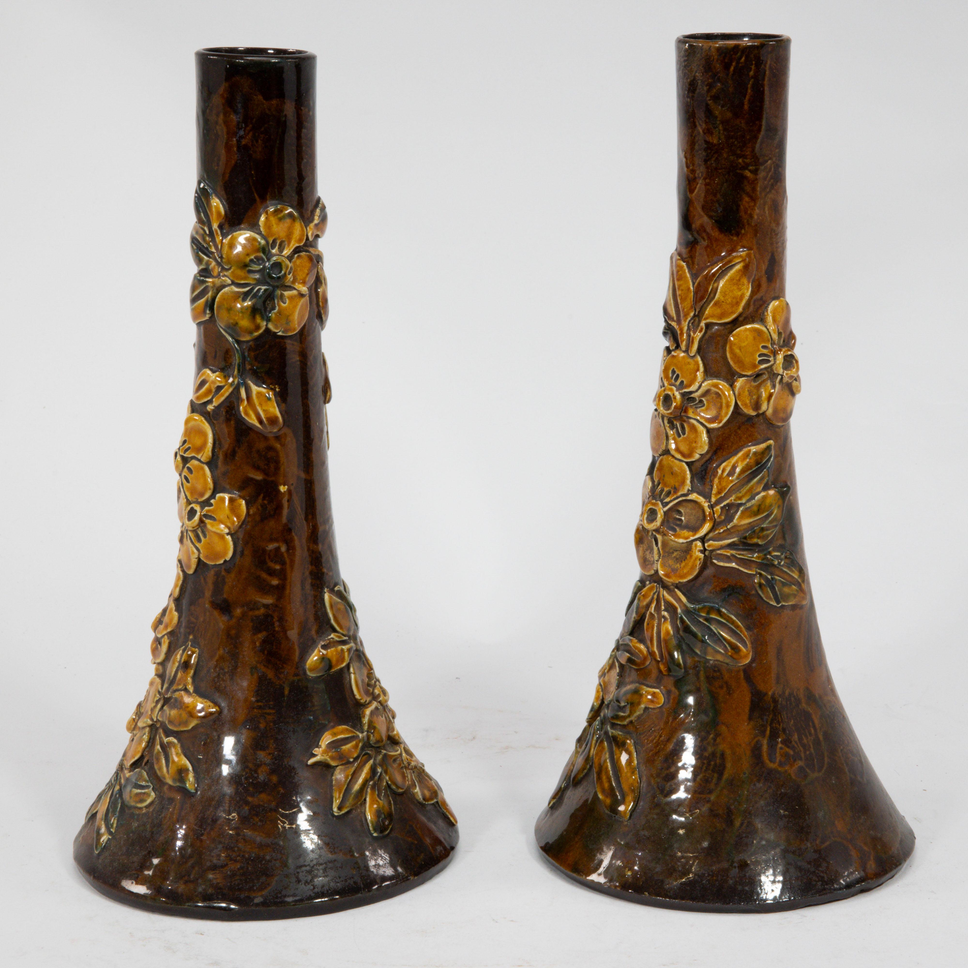 English Longpark Pottery. A pair of rustic ceramic vases with applied floral decoration For Sale