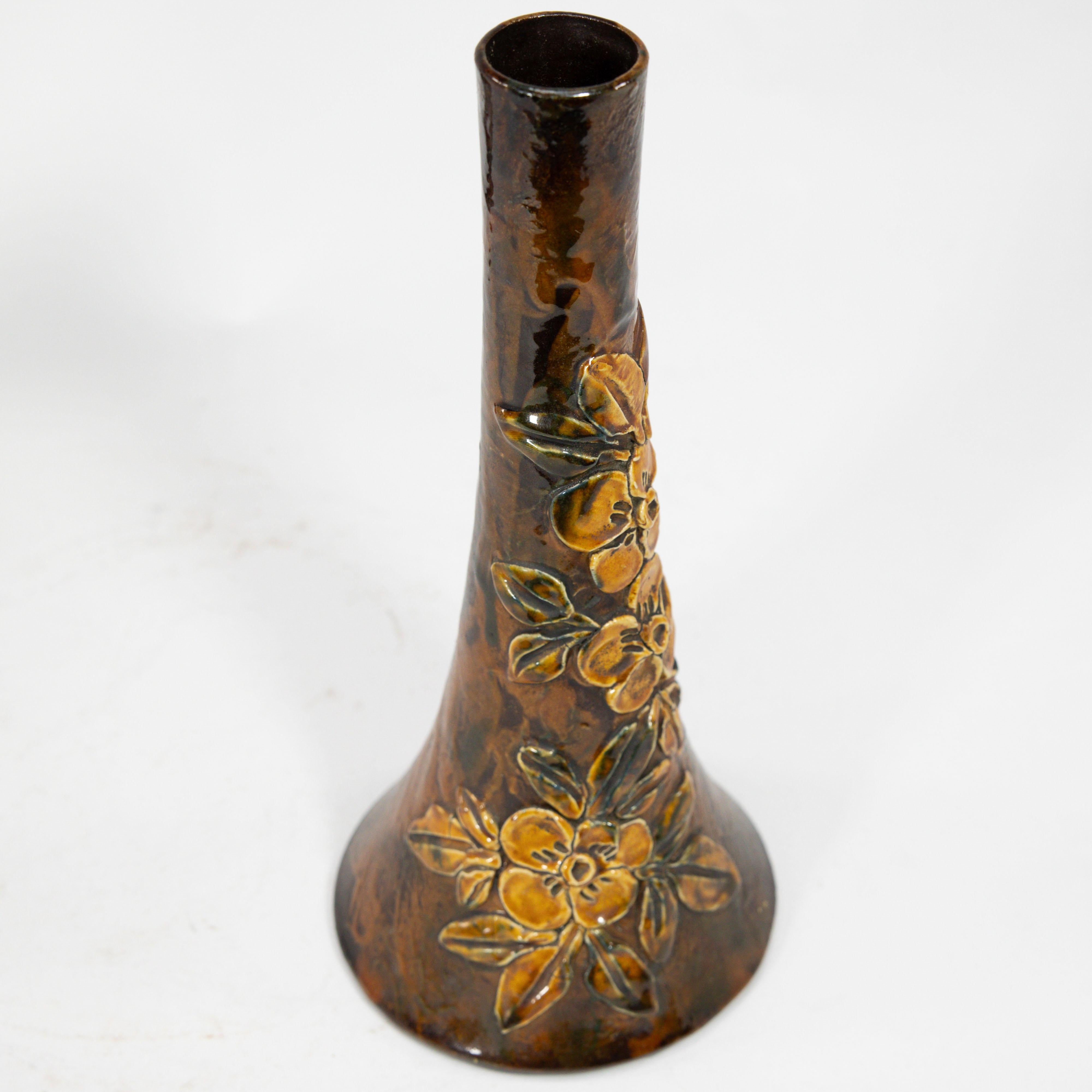 Ceramic Longpark Pottery. A pair of rustic ceramic vases with applied floral decoration For Sale