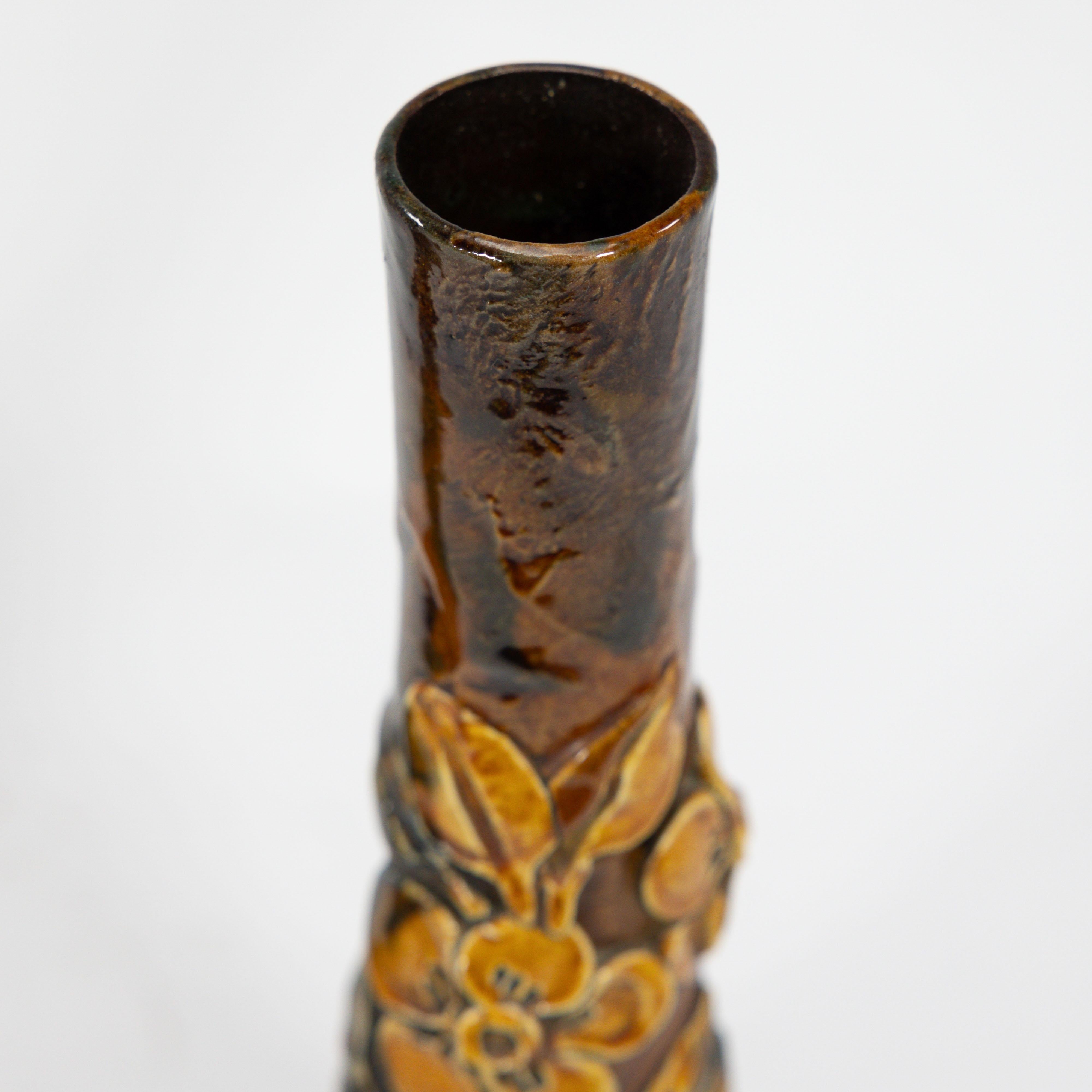 Longpark Pottery. A pair of rustic ceramic vases with applied floral decoration For Sale 1