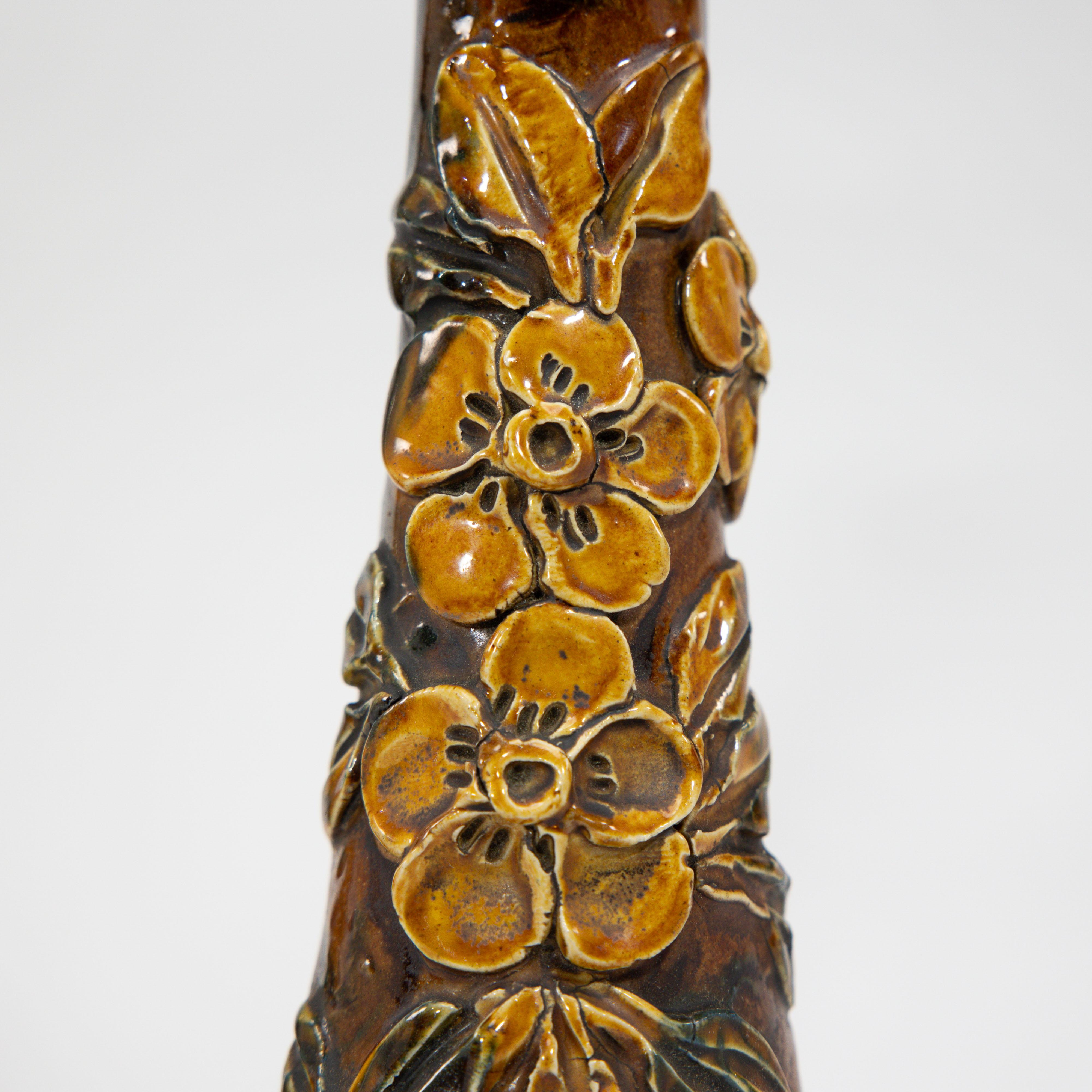 Longpark Pottery. A pair of rustic ceramic vases with applied floral decoration For Sale 2