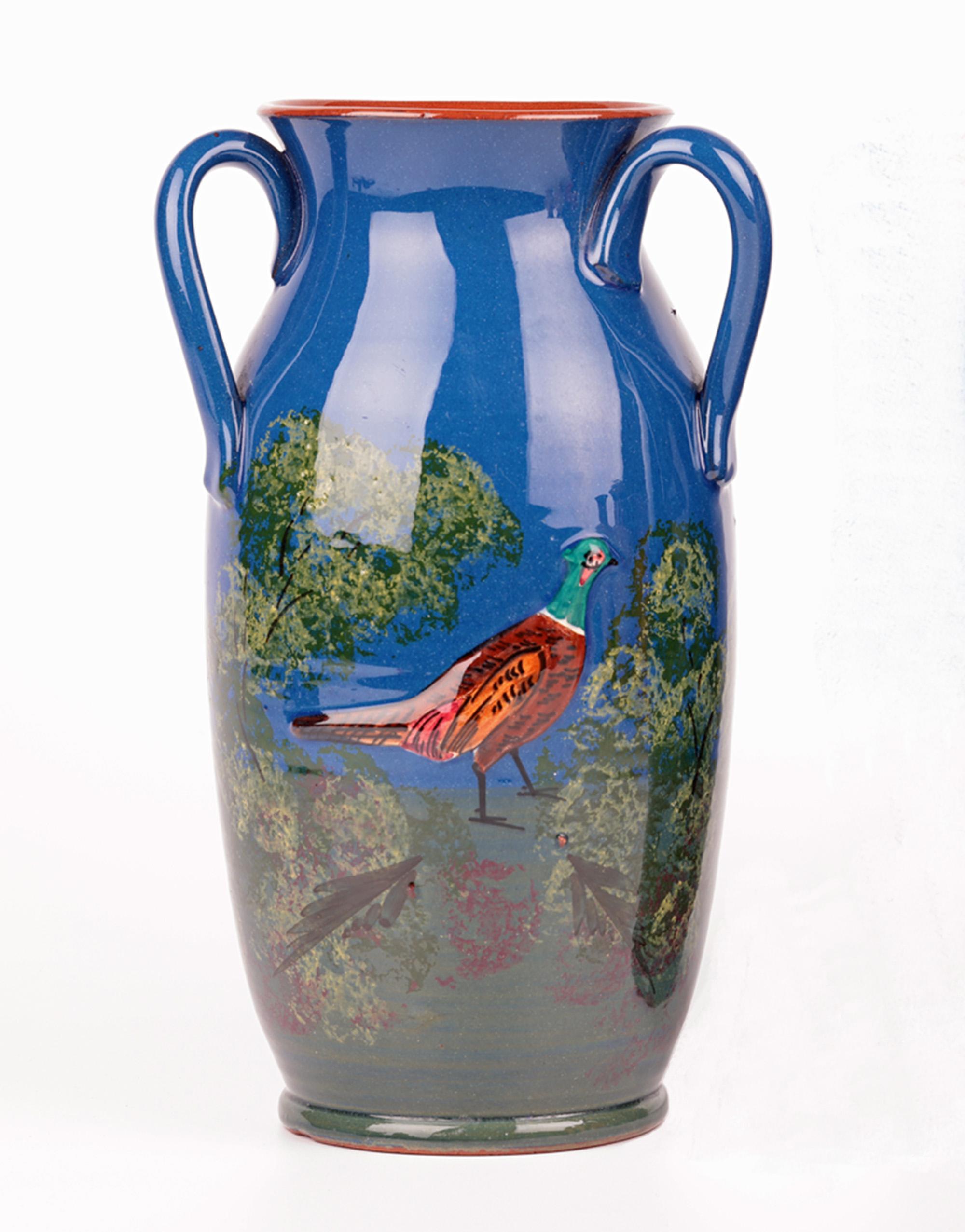 Longpark Torquay Pair Large Three Handled Pheasant Art Pottery Vases For Sale 3