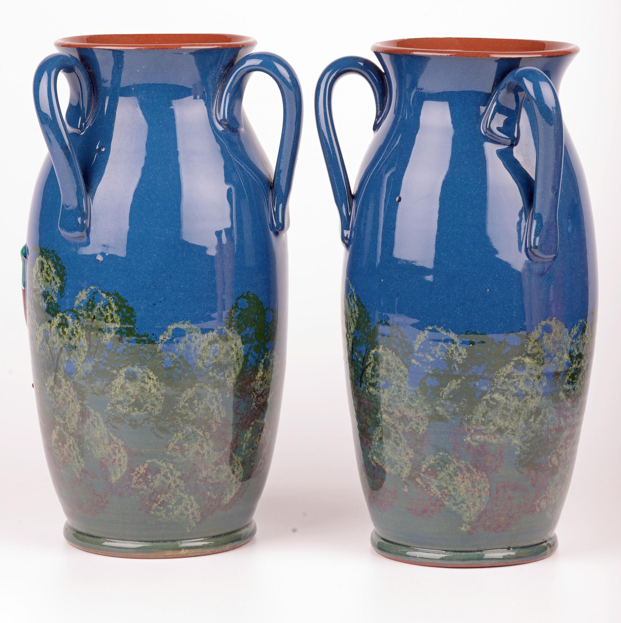 Longpark Torquay Pair Large Three Handled Pheasant Art Pottery Vases For Sale 6