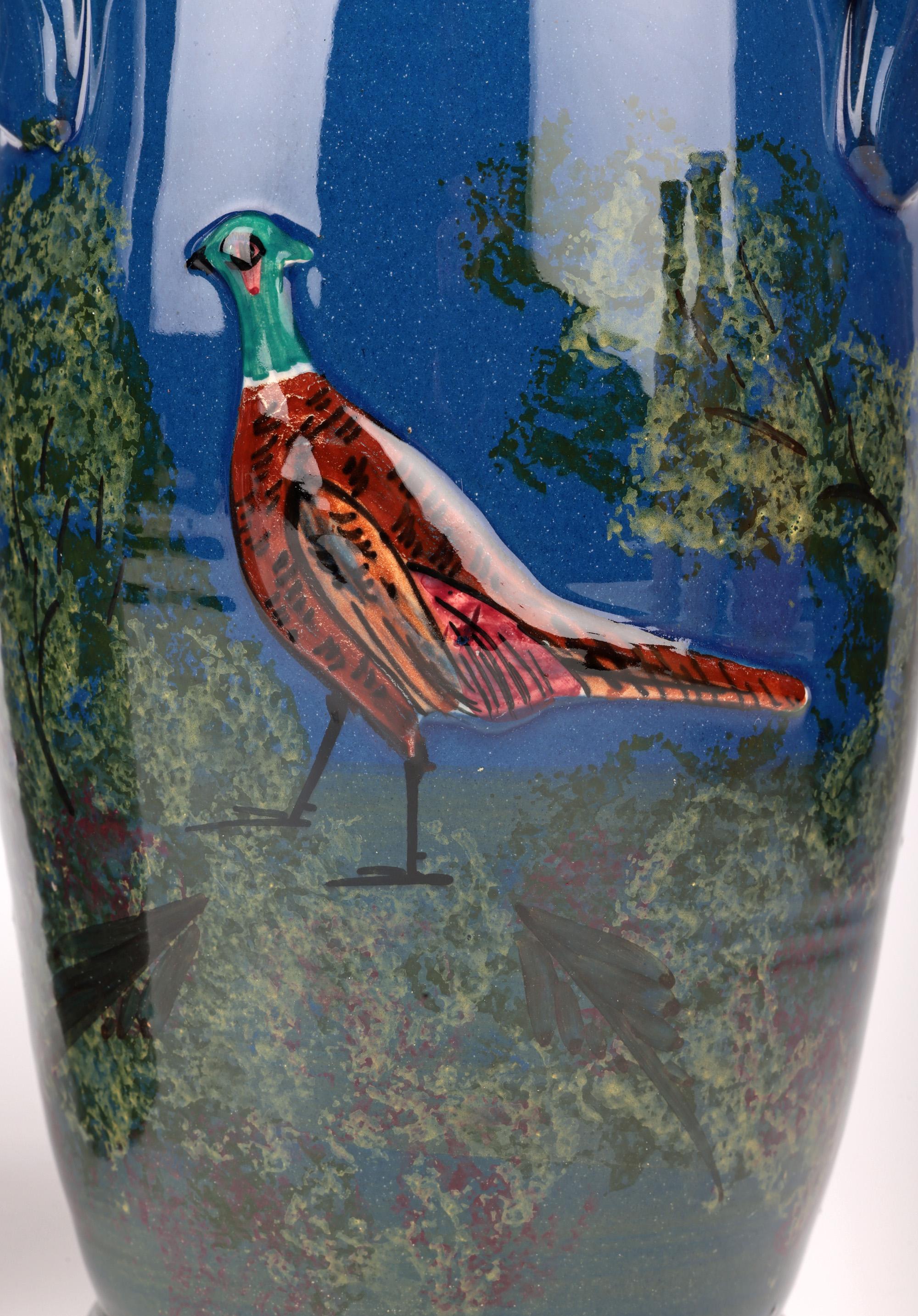 Longpark Torquay Pair Large Three Handled Pheasant Art Pottery Vases For Sale 9