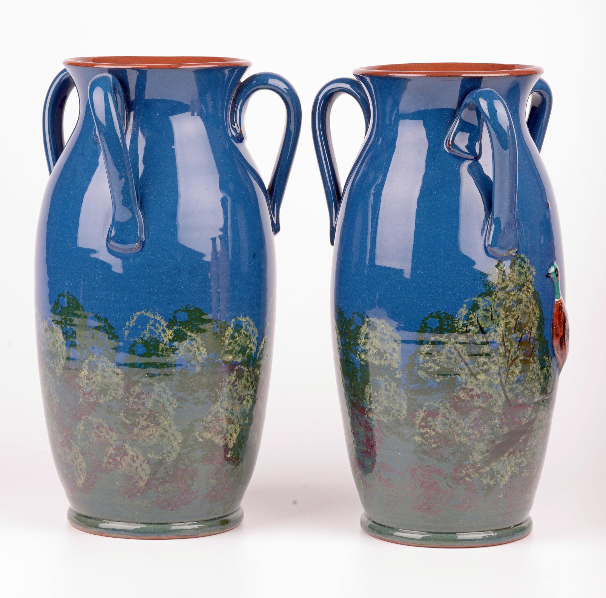 Longpark Torquay Pair Large Three Handled Pheasant Art Pottery Vases For Sale 10
