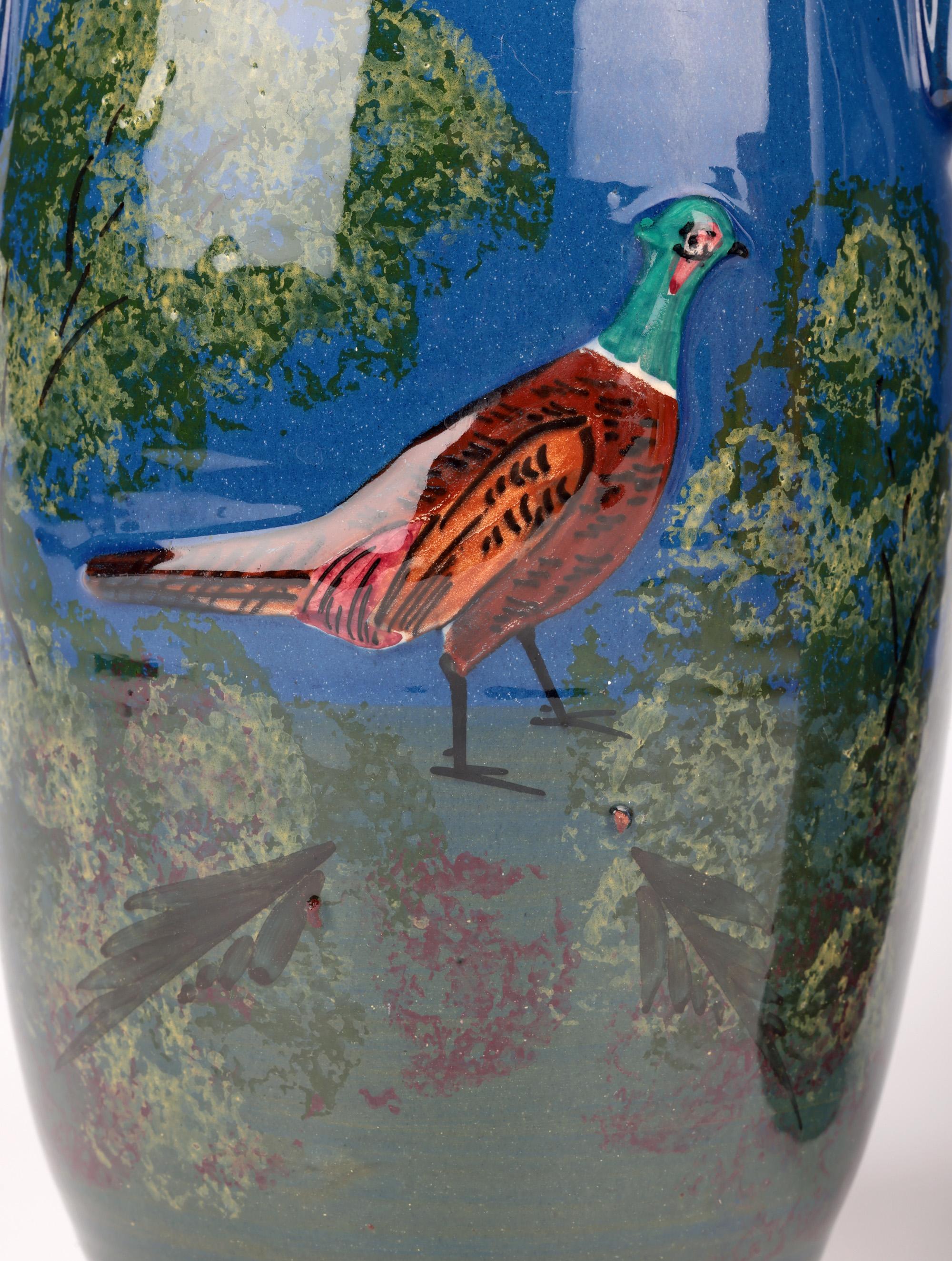 Aesthetic Movement Longpark Torquay Pair Large Three Handled Pheasant Art Pottery Vases For Sale