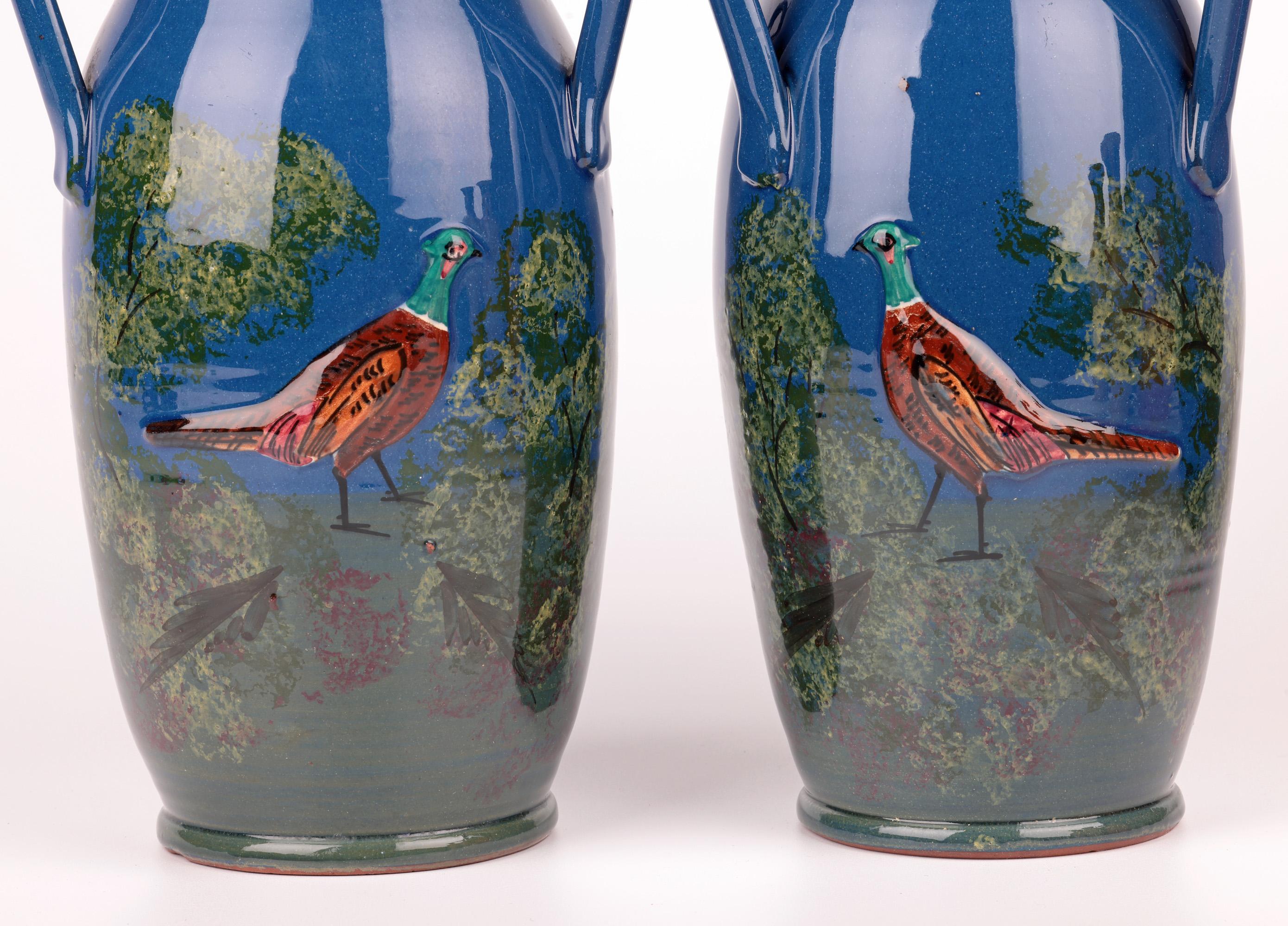 English Longpark Torquay Pair Large Three Handled Pheasant Art Pottery Vases For Sale