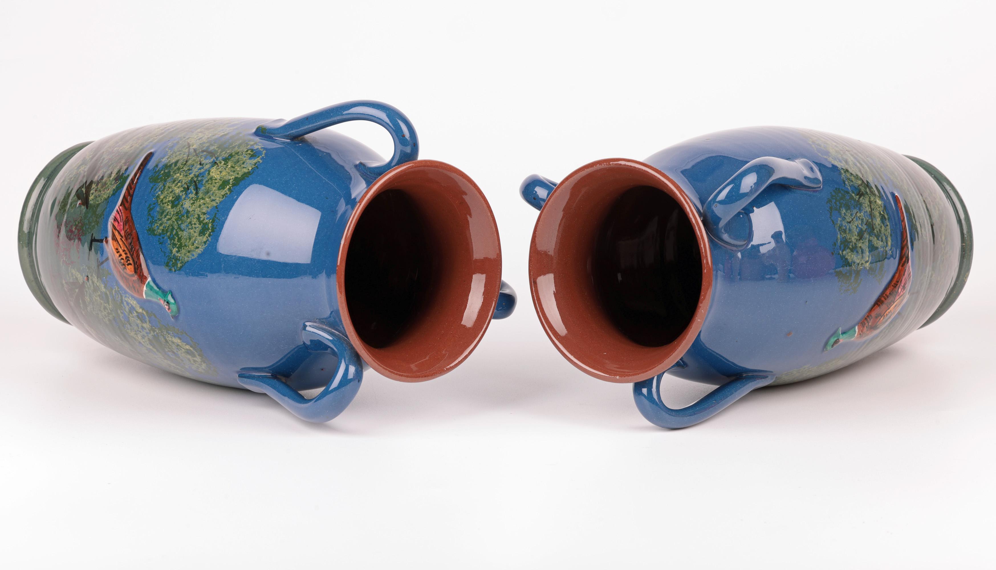 Longpark Torquay Pair Large Three Handled Pheasant Art Pottery Vases In Good Condition For Sale In Bishop's Stortford, Hertfordshire