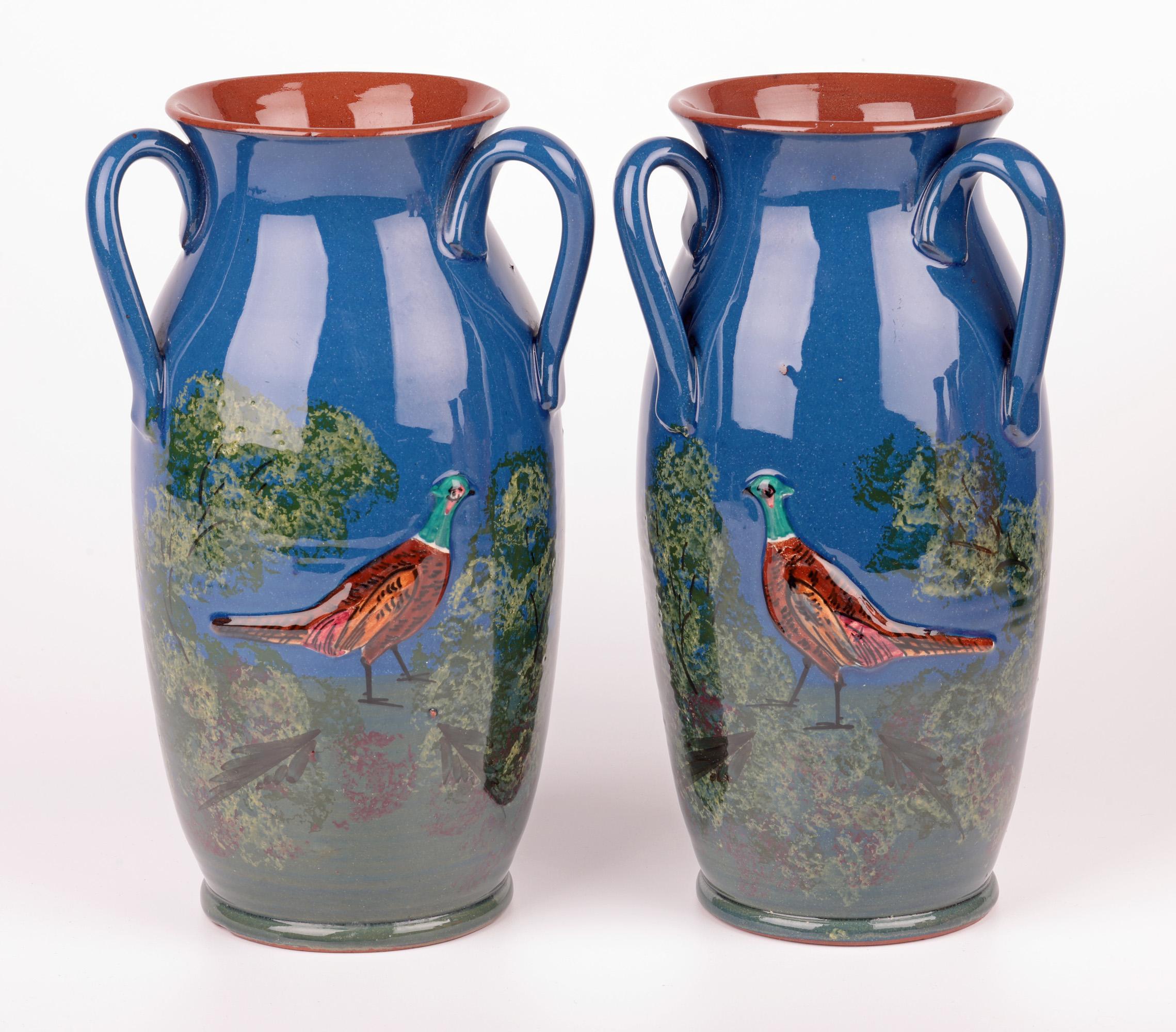 19th Century Longpark Torquay Pair Large Three Handled Pheasant Art Pottery Vases For Sale