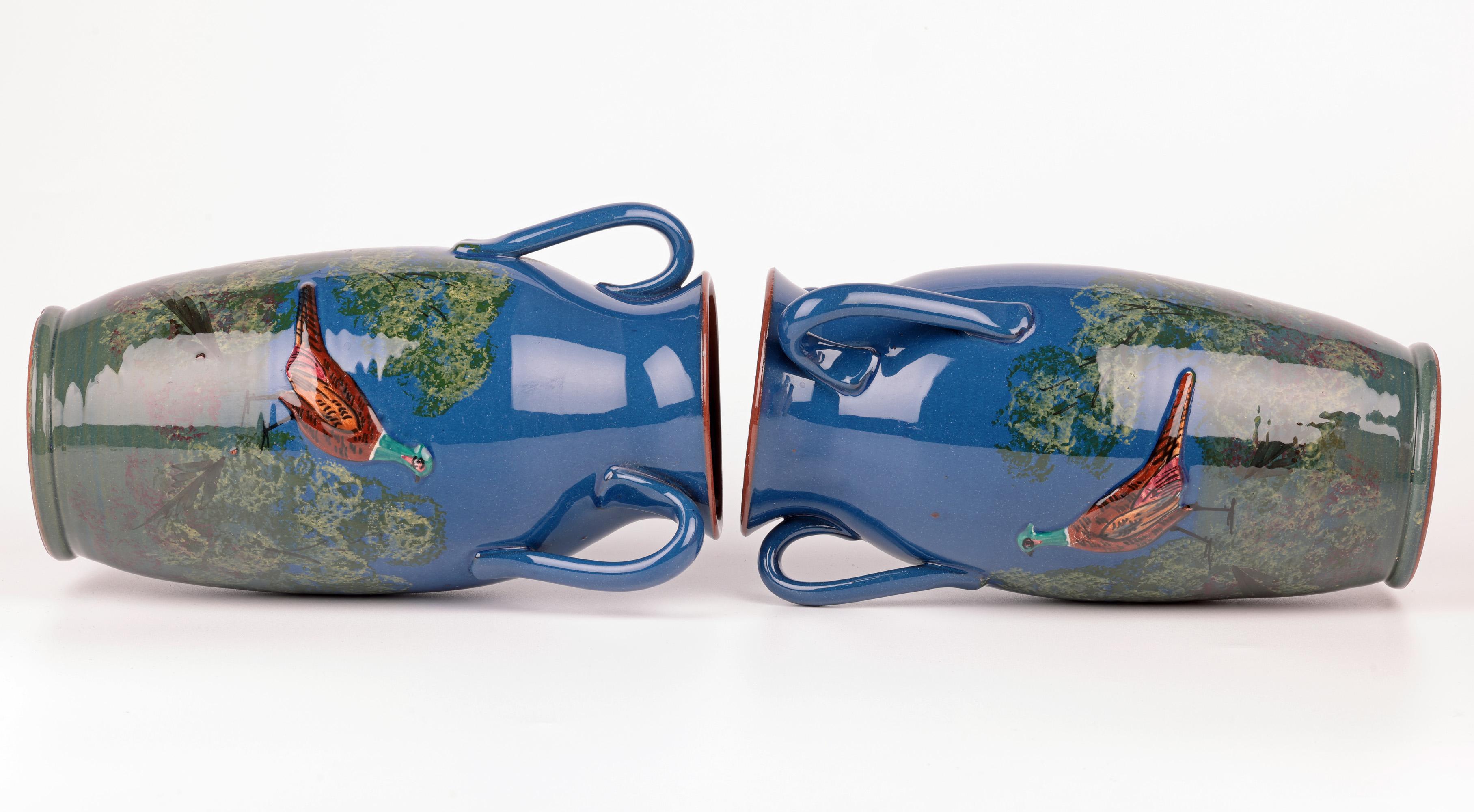 Longpark Torquay Pair Large Three Handled Pheasant Art Pottery Vases For Sale 1