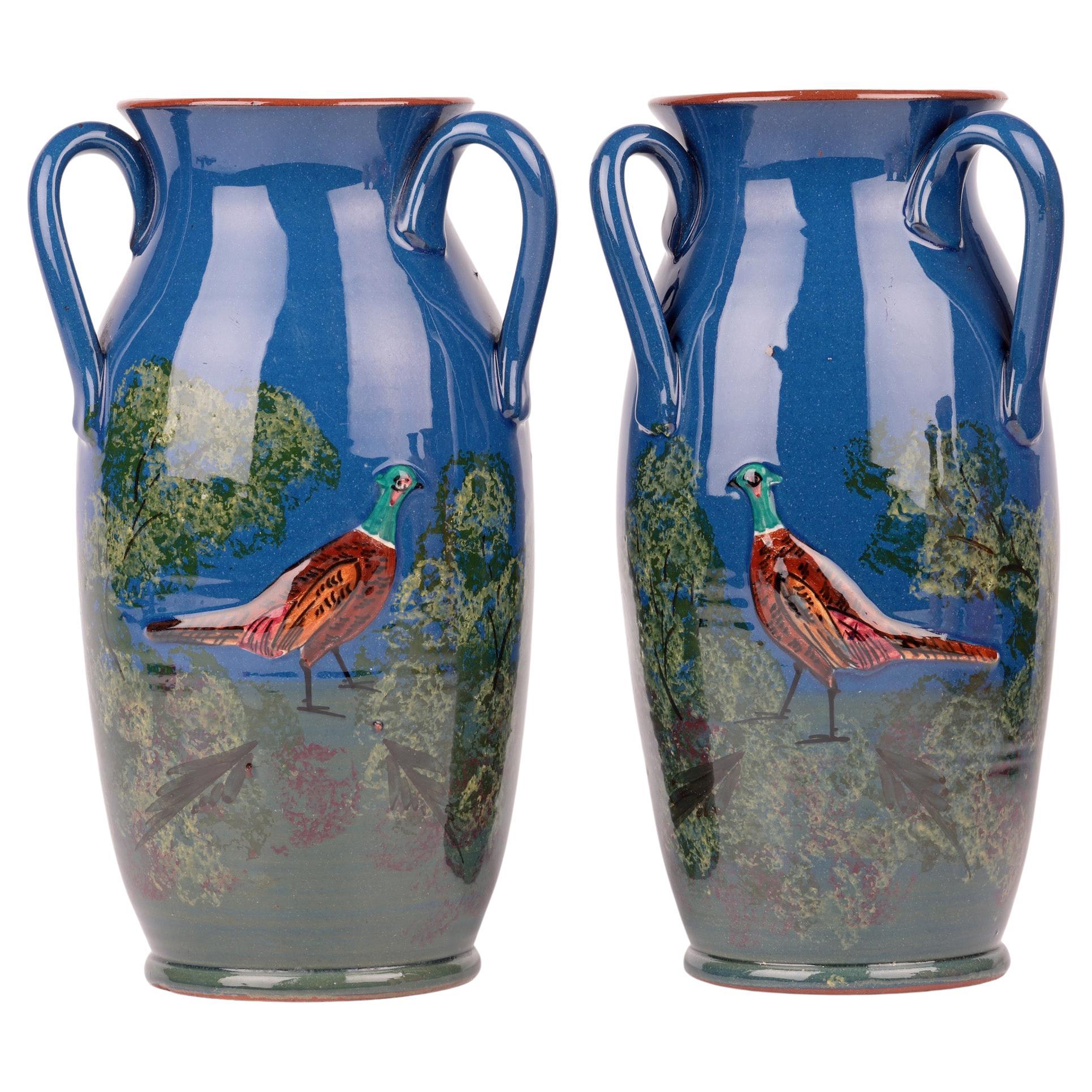 Longpark Torquay Pair Large Three Handled Pheasant Art Pottery Vases For Sale