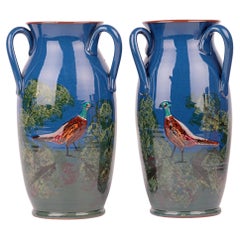 Longpark Torquay Pair Large Three Handled Pheasant Art Pottery Vases