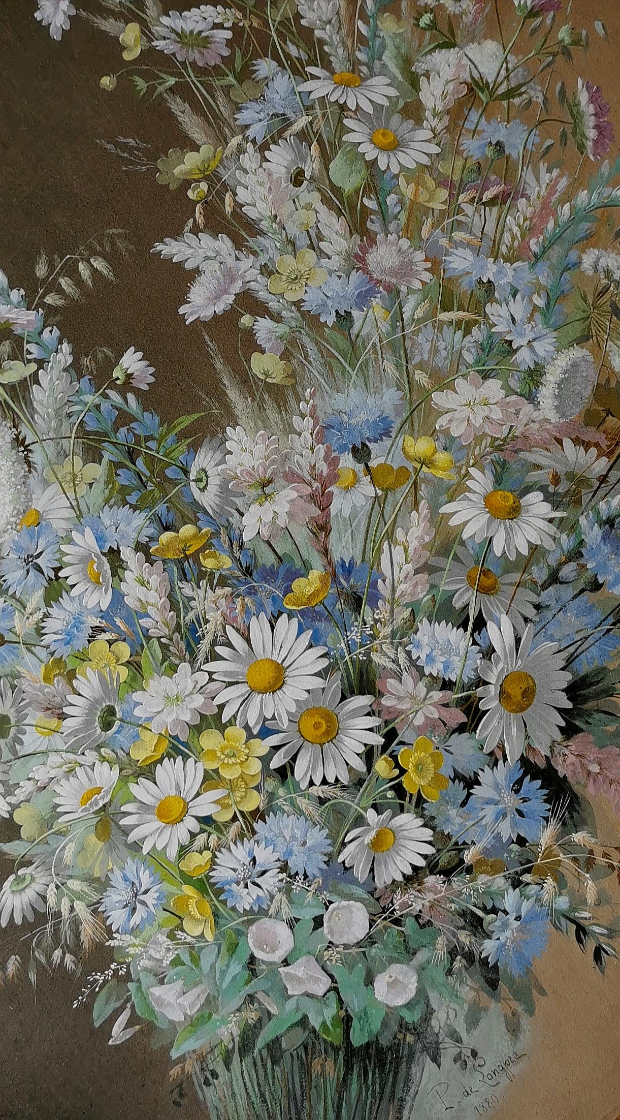 Longpre Paul Watercolor Gouache 1880 Bouquet with Daisies For Sale 4