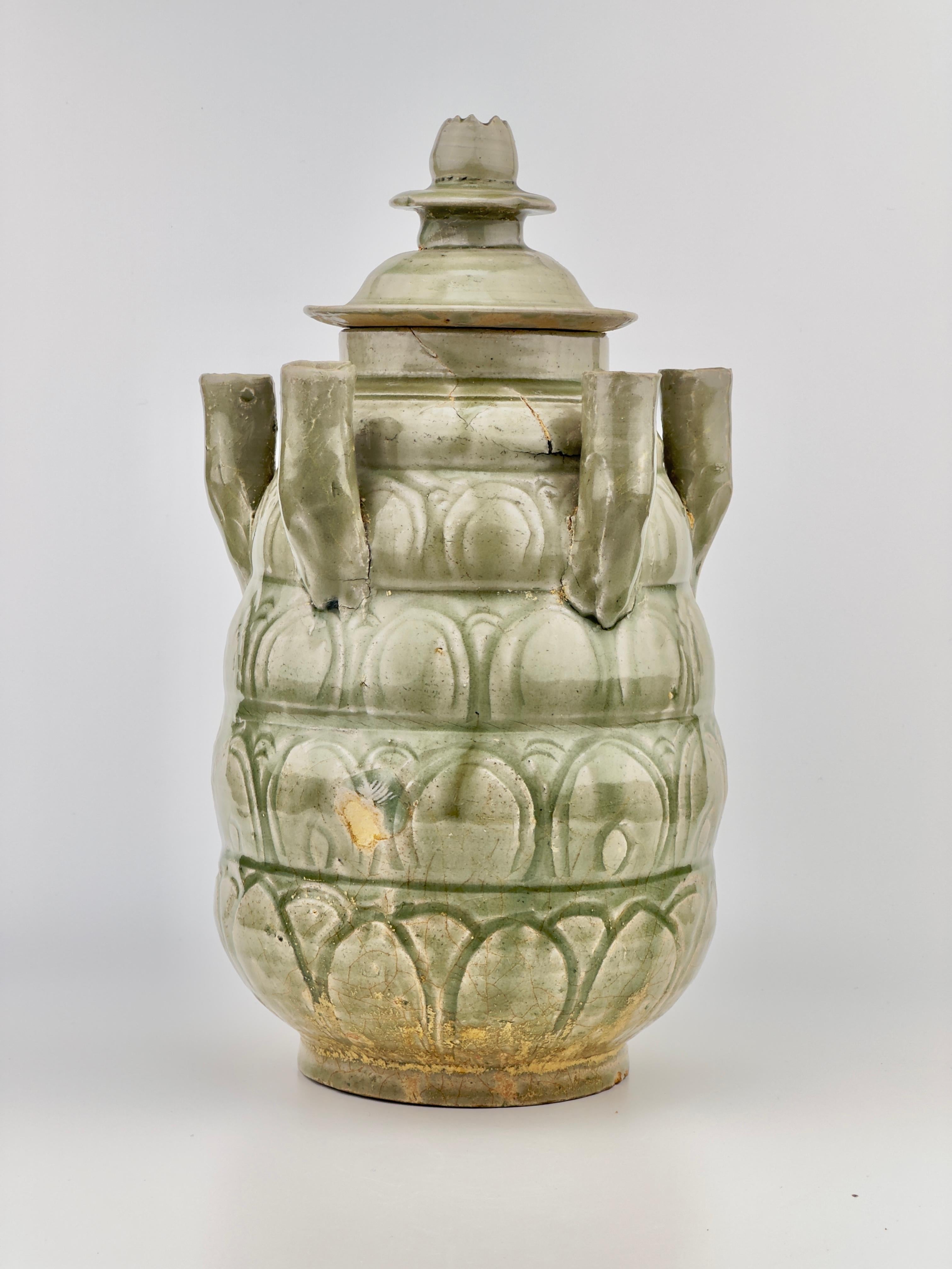 Glazed Longquan Celadon Five-Spouted Jar, Northern Song Dynasty (AD 960~1127) For Sale