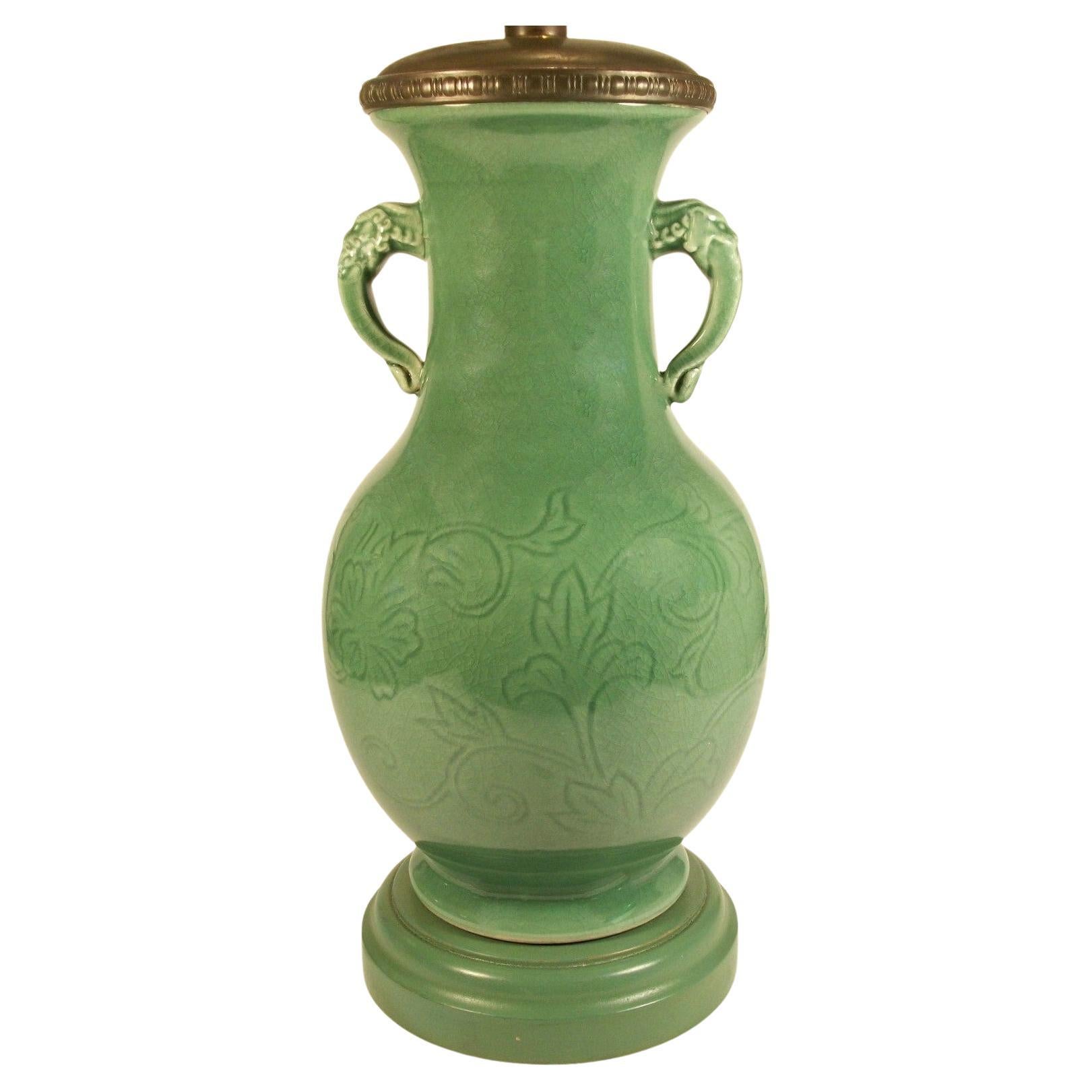 Longquan Style Celadon Glazed Ceramic Lamp - Japan - Late 20th Century For Sale