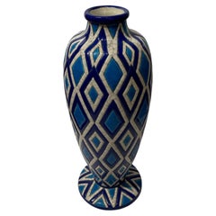 Longwy Art Deco French Cloisonné Ceramic Geometric Diamond Large Vase