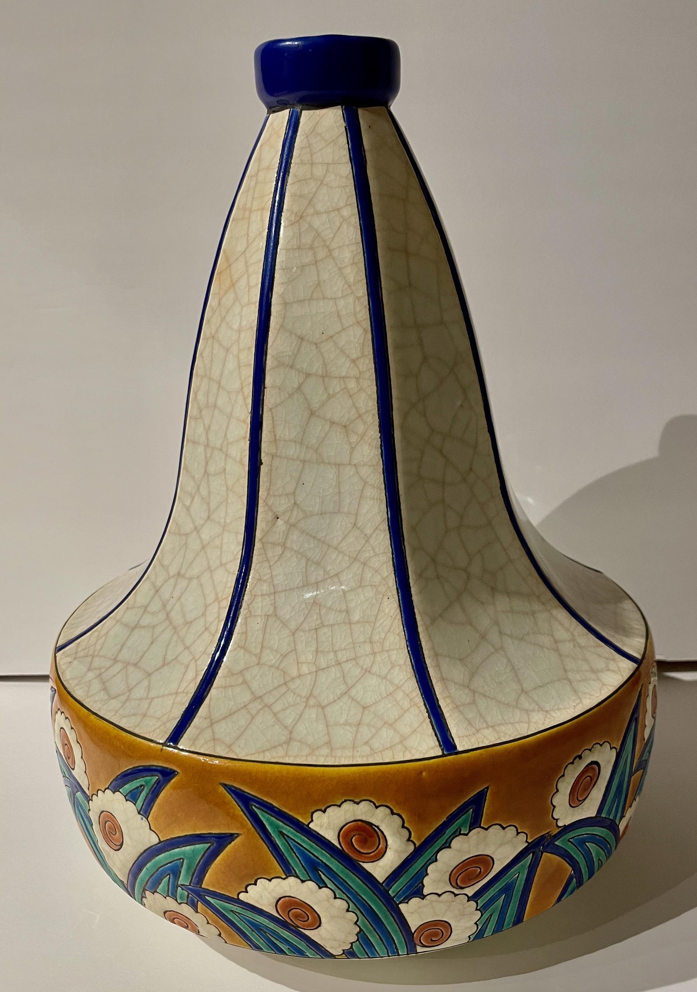 Longwy Art Deco French Cloisonné Ceramic Geometric Gourd Shape, Large Vase, bright color with stunning blues, classic gourd shape. Repeated floral and leaf designs with bright colors, blues, and crackle cream to create a dynamic pattern rarely seen