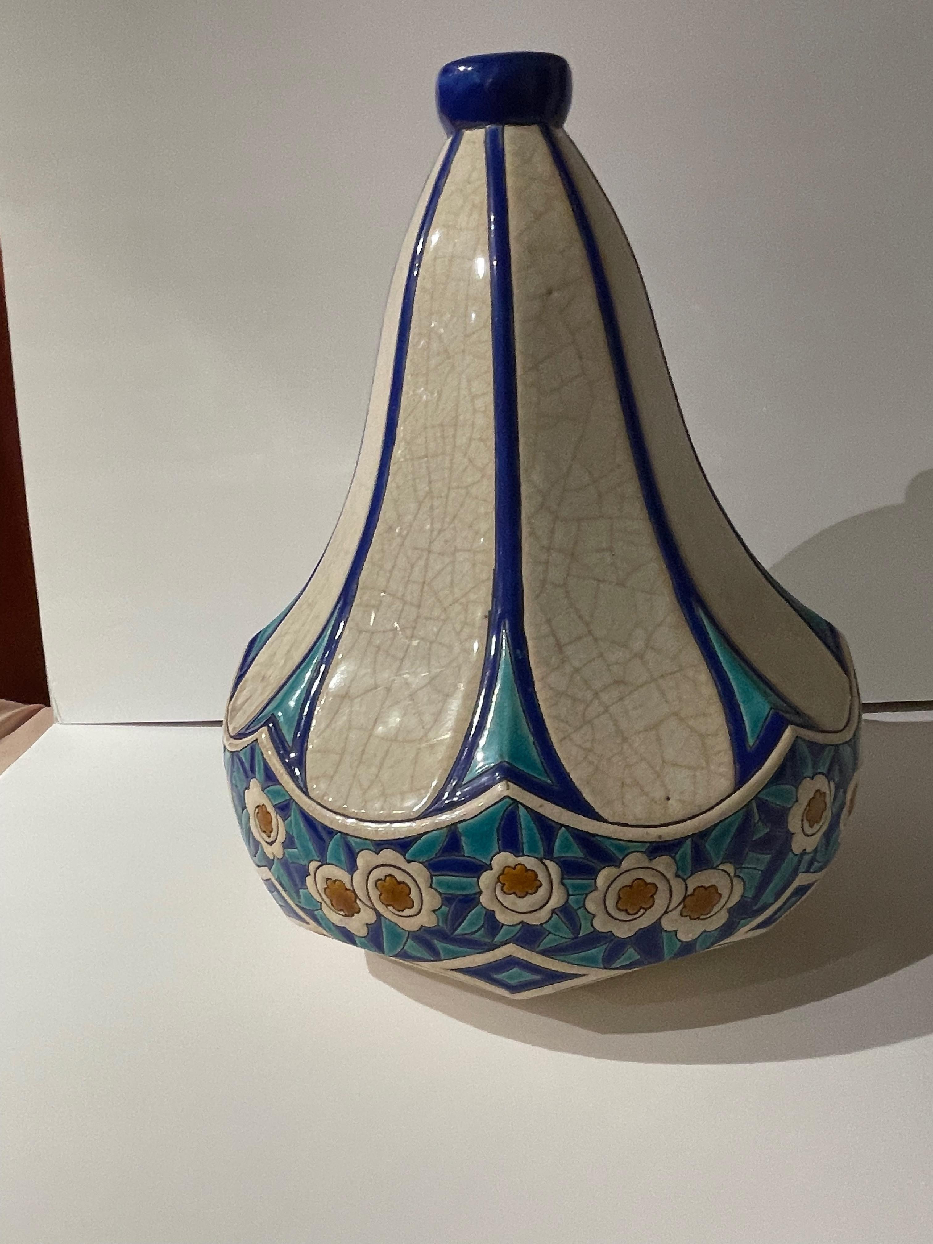 Longwy Art Deco French Cloisonné Ceramic Geometric Gourd Shape, Ex. Large Vase, bright color with stunning blues, classic gourd shape. Repeated floral and leaf designs with bright colors, blues, and crackle cream to create a dynamic pattern rarely