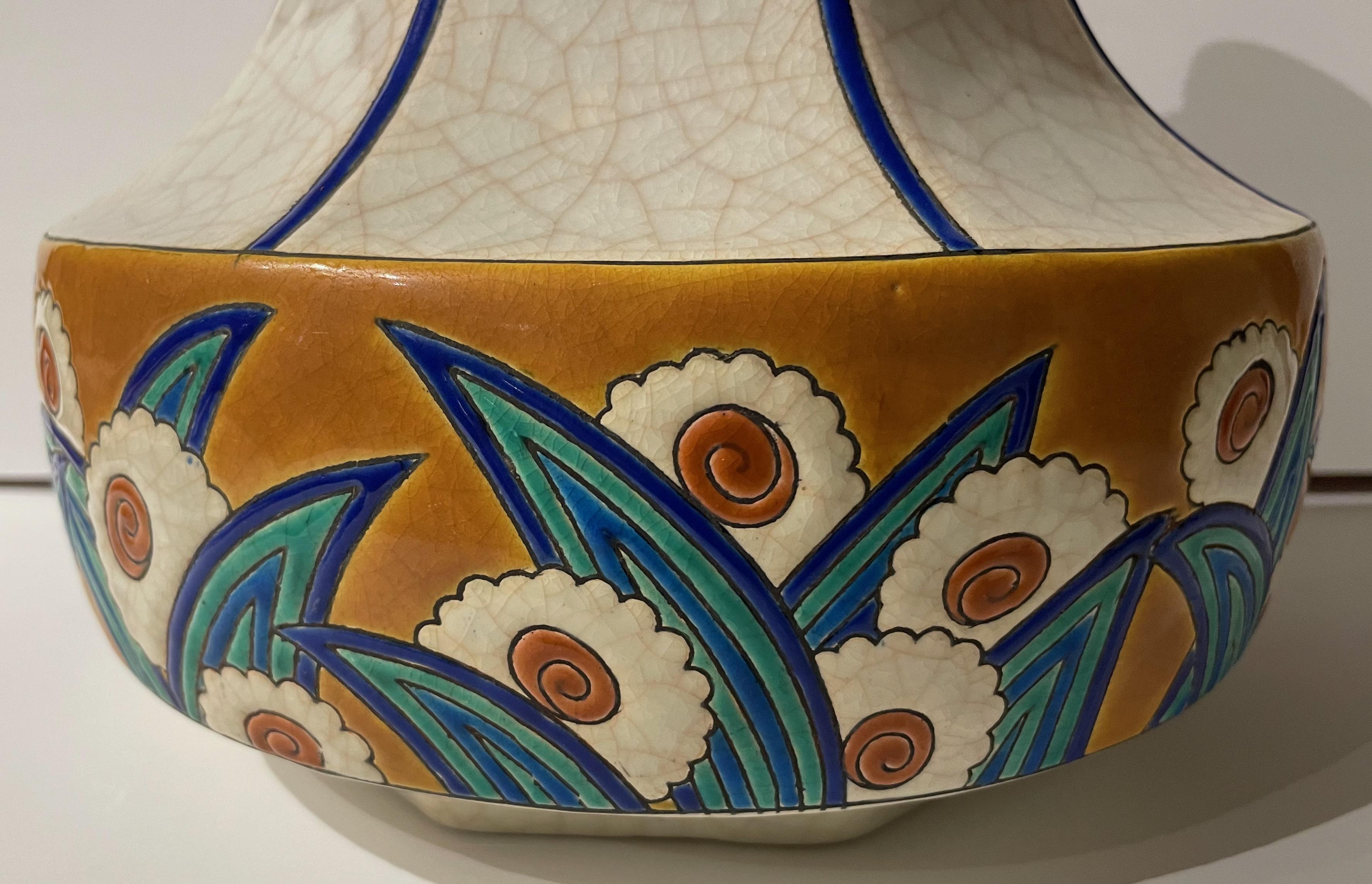 Longwy Art Deco Französisch Cloisonné Keramik Geometrische Kürbis Form Große Vase (Art déco) im Angebot