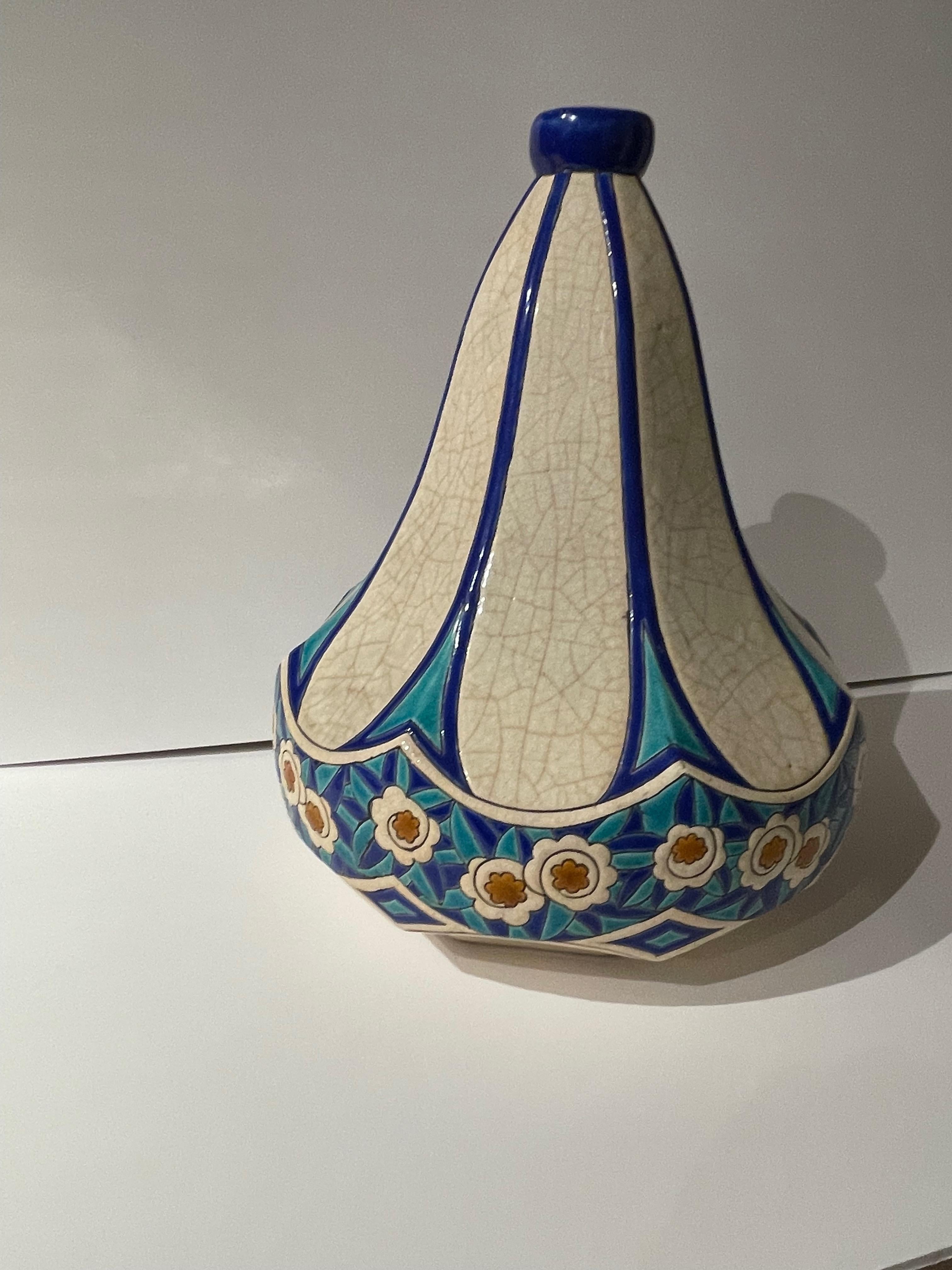 Longwy Art Deco Französische Cloisonné-Keramik Geometrische Kürbisform Große Vase (Art déco) im Angebot