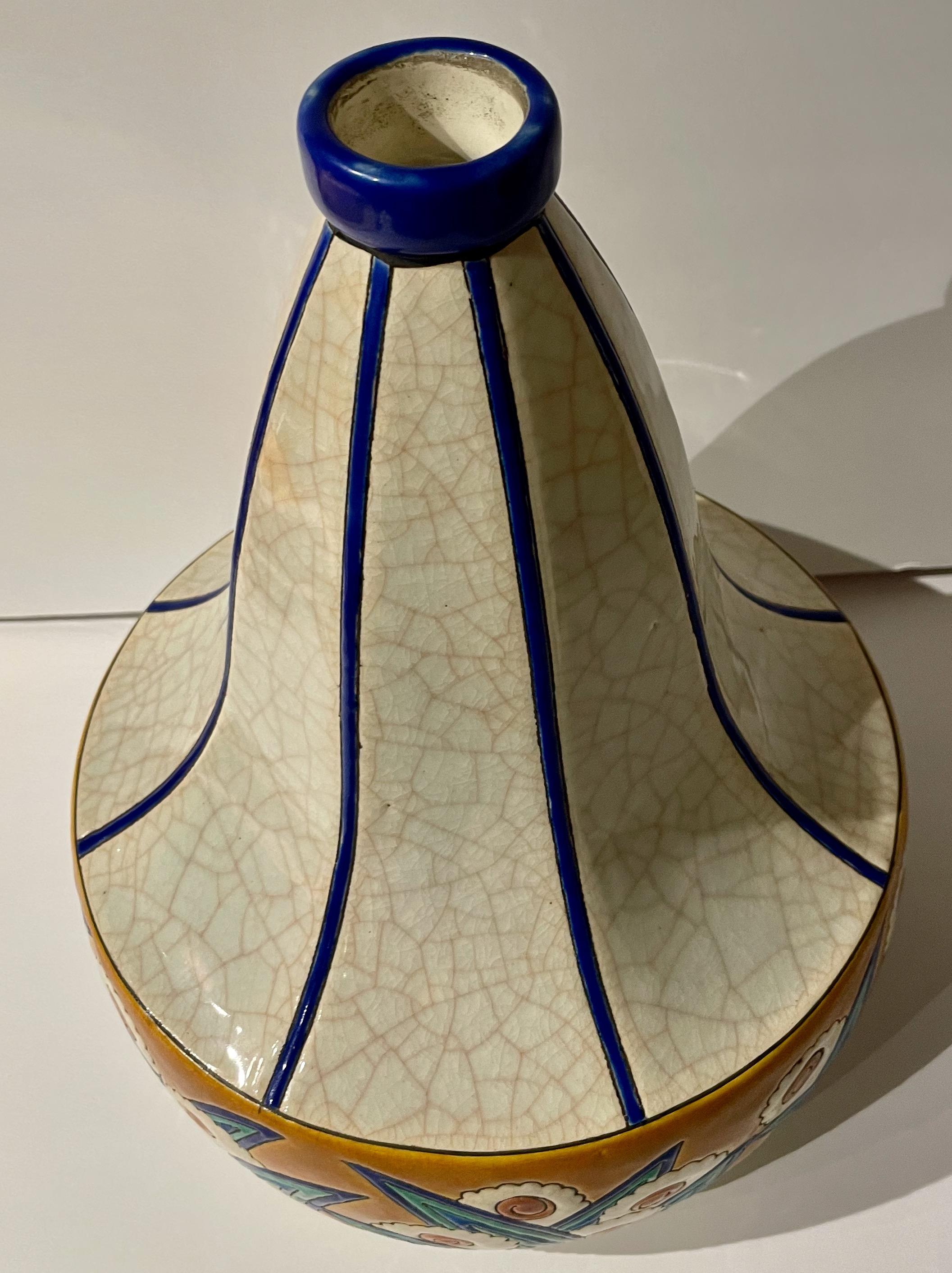 Mid-20th Century Longwy Art Deco French Cloisonné Ceramic Geometric Gourd Shape Large Vase For Sale