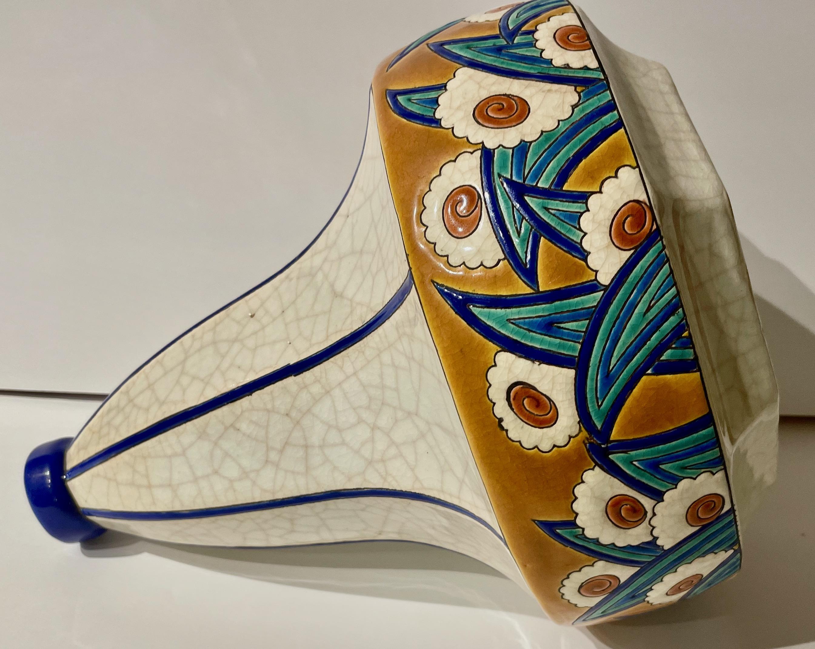 Longwy Art Déco Français Cloisonné Céramique Géométrique Forme Gourde Grand Vase Bon état - En vente à Oakland, CA