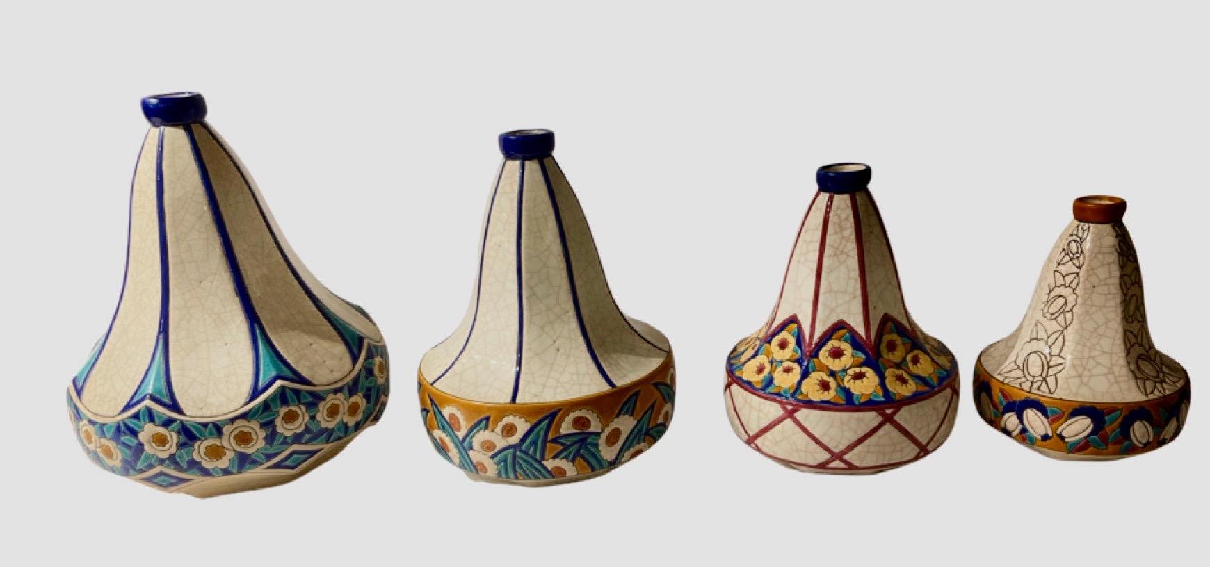Longwy Art Déco Français Cloisonné Céramique Géométrique Forme Gourde Grand Vase en vente 2