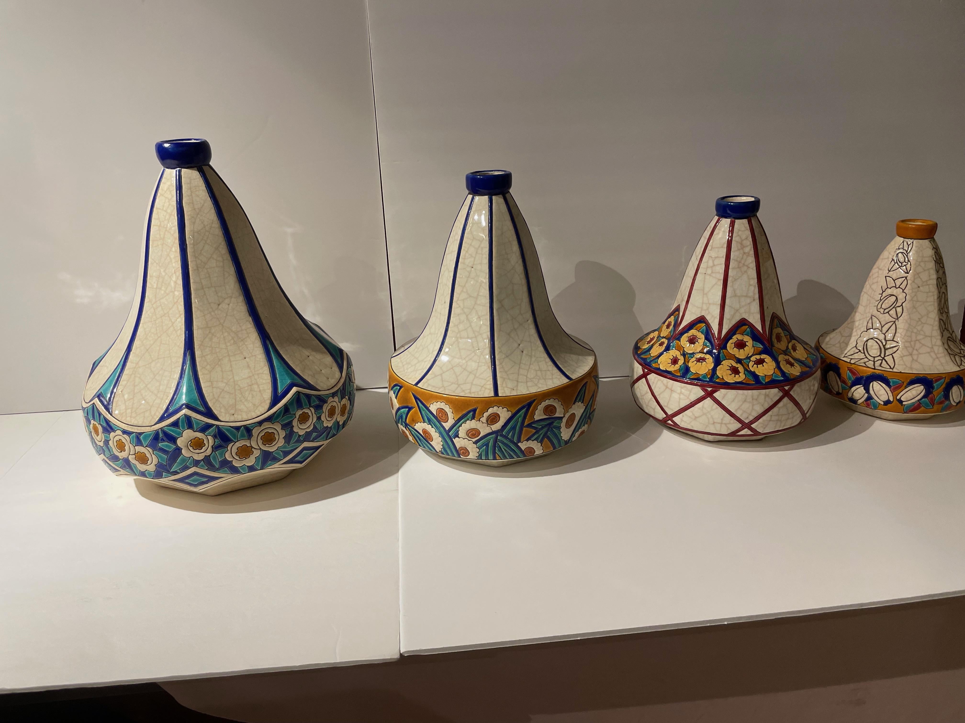 Céramique Grand vase en forme de gourde géométrique en céramique cloisonnée Art Déco français Longwy en vente