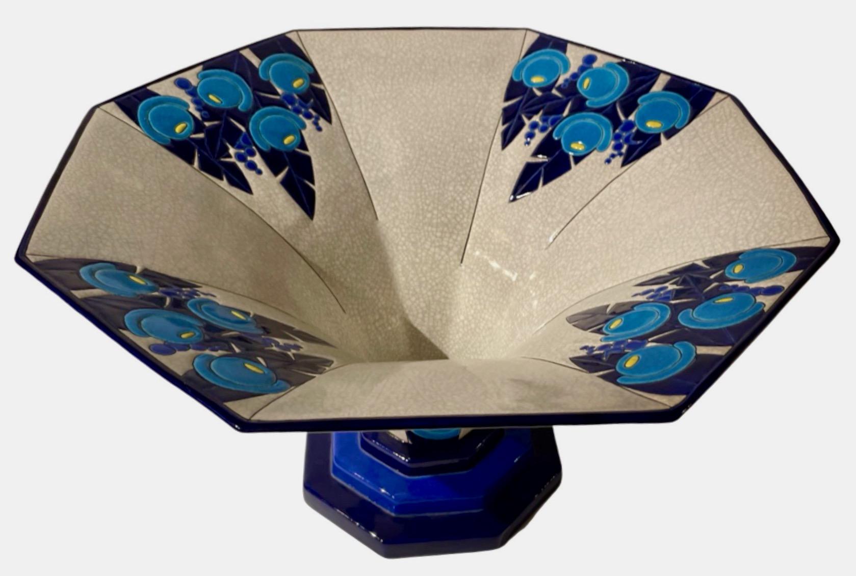 Longwy Art Deco Französisch Cloisonné-Keramik Große Präsentationsschale im Angebot 1
