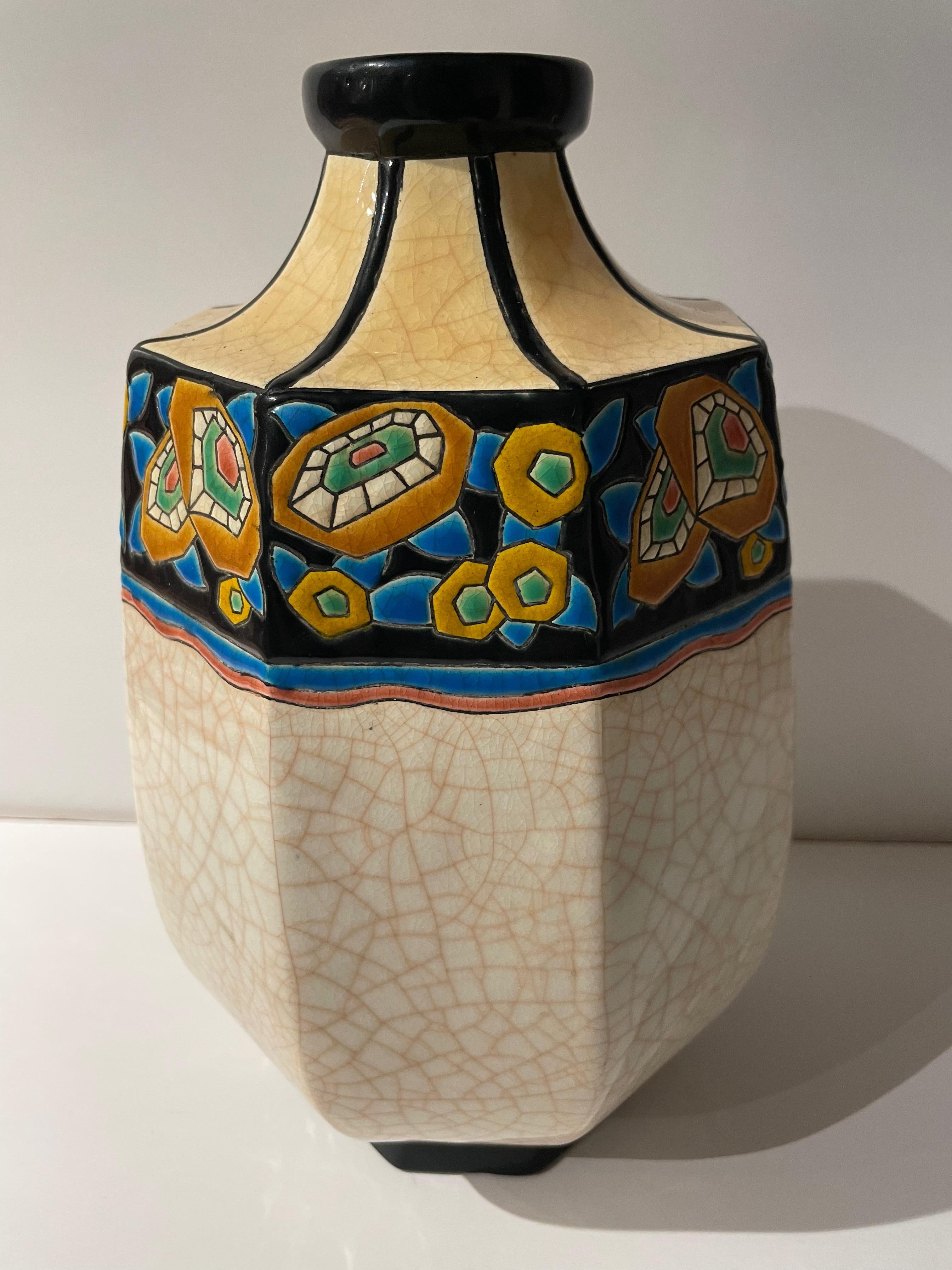 An Art Deco Vase by Longwy of France. This piece is a great example of both the craquele (crackle ) and the ceramic cloisonné techniques. It’s octagon shape presents eight panels decorated in geometric, stylized flowers.

Longwy is the name of a