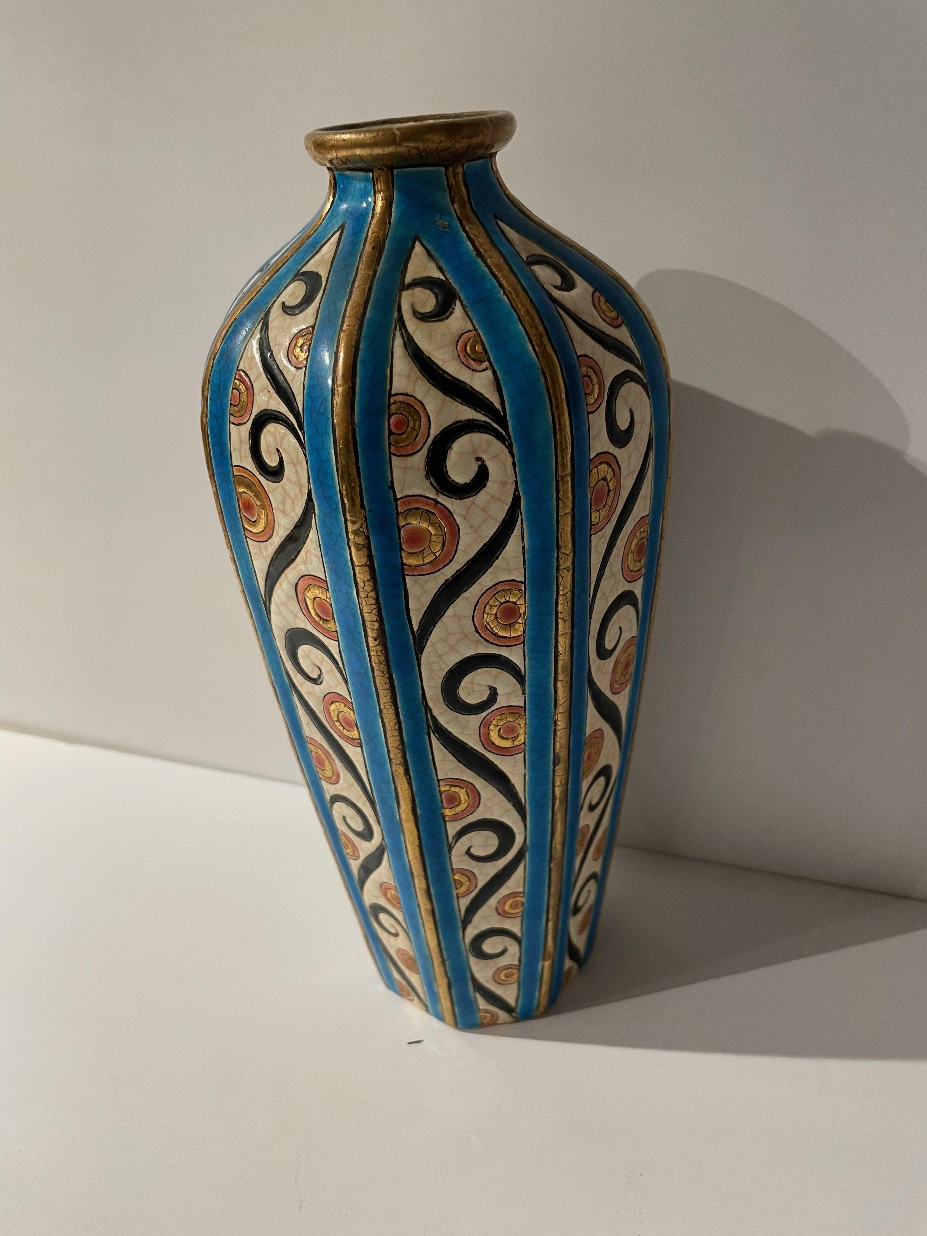 Art déco Vase en céramique cloisonnée Art Déco français Longwy