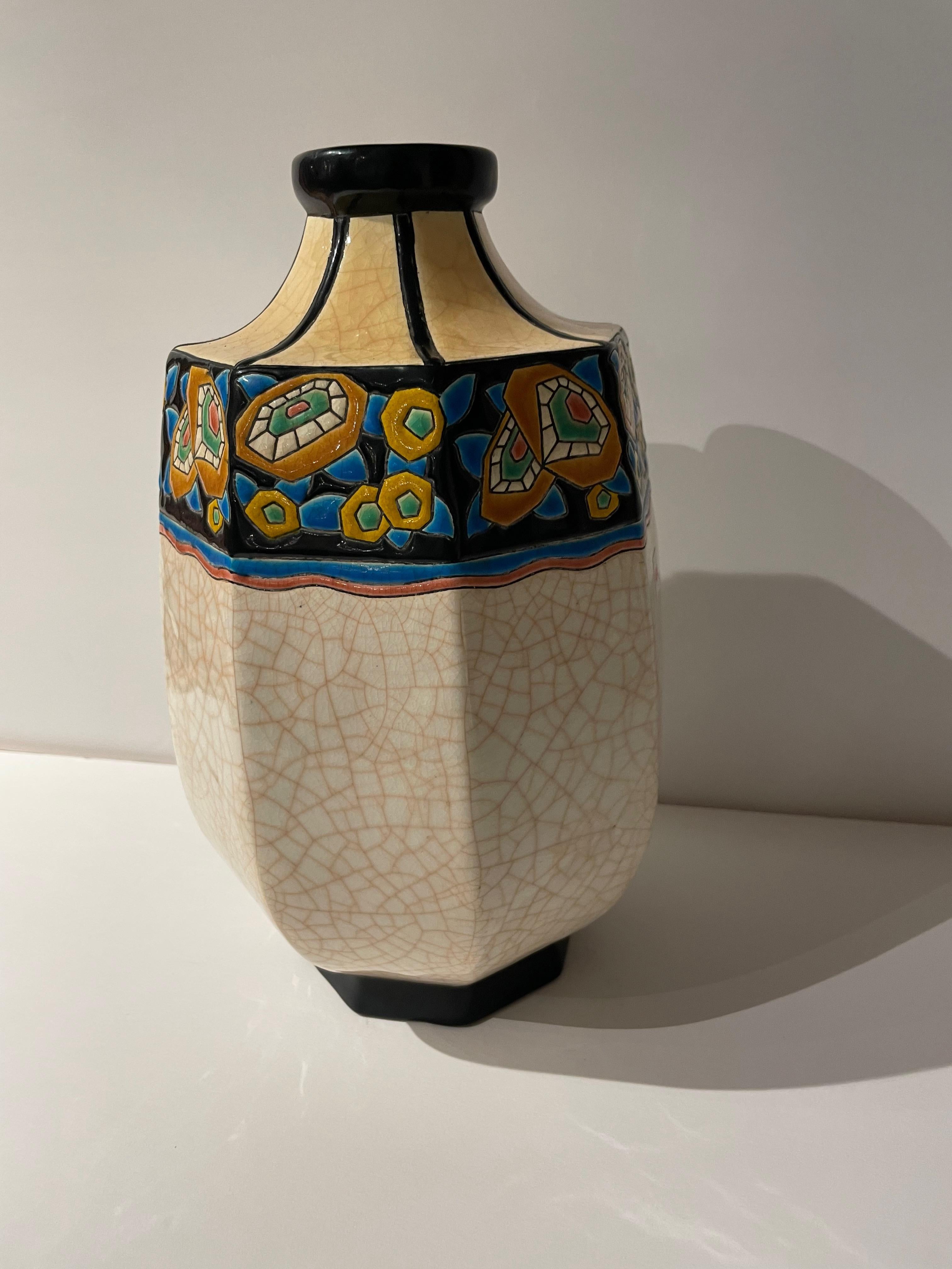 Cloisonné Vase en céramique cloisonnée Longwy Art déco français en vente