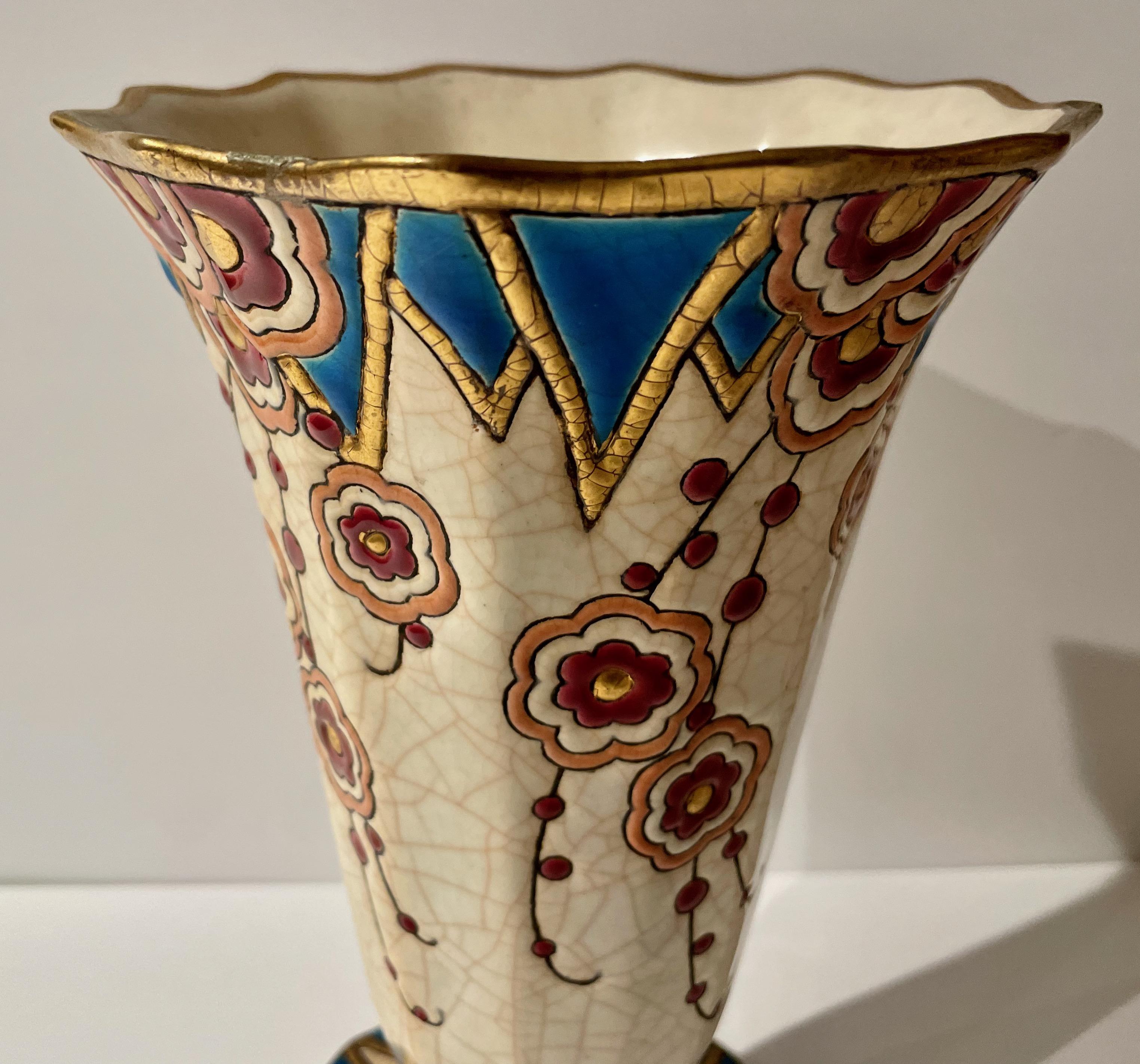 Milieu du XXe siècle Vase en céramique cloisonnée Longwy Art déco français en vente