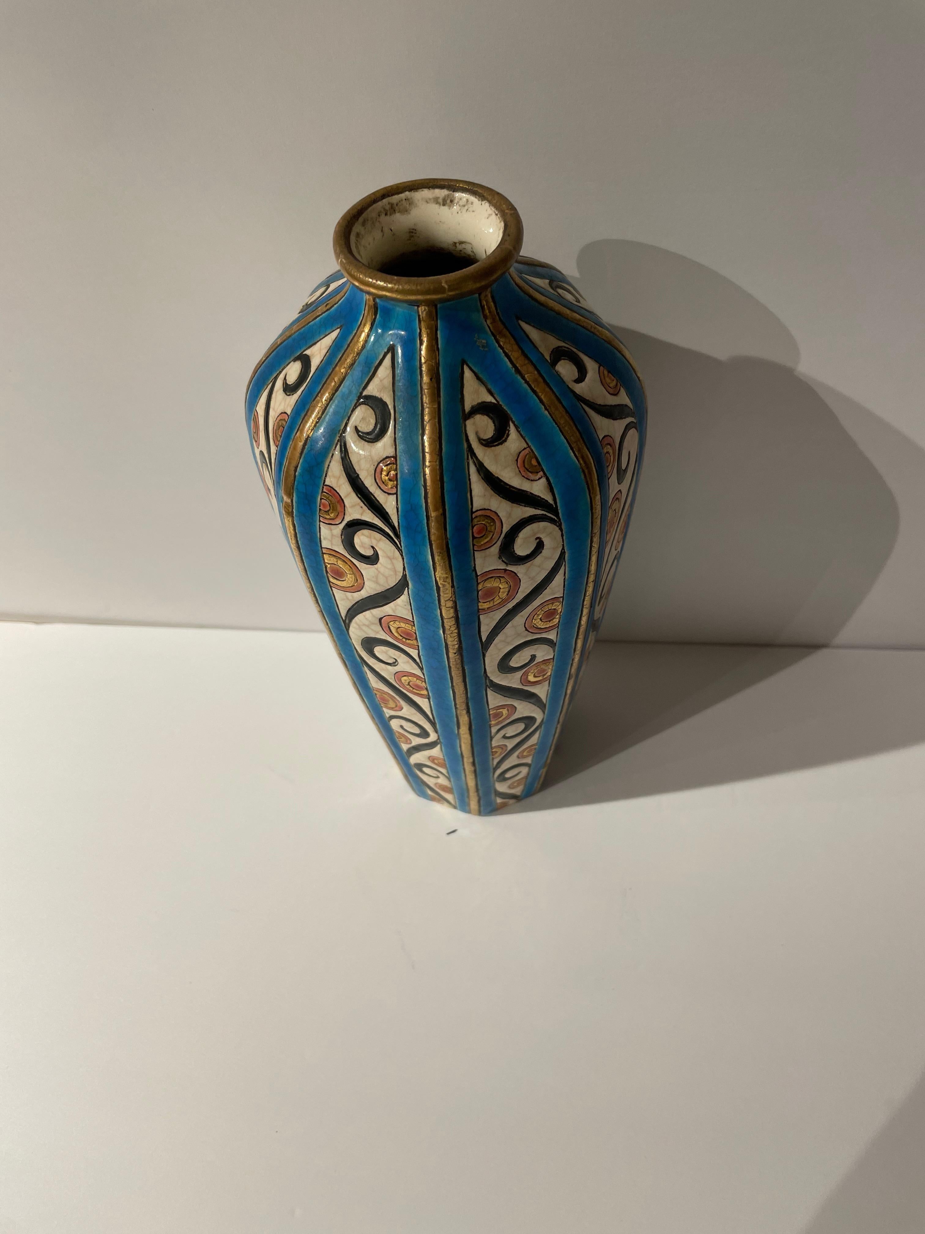 Vase en céramique cloisonnée Art Déco français Longwy Bon état à Oakland, CA