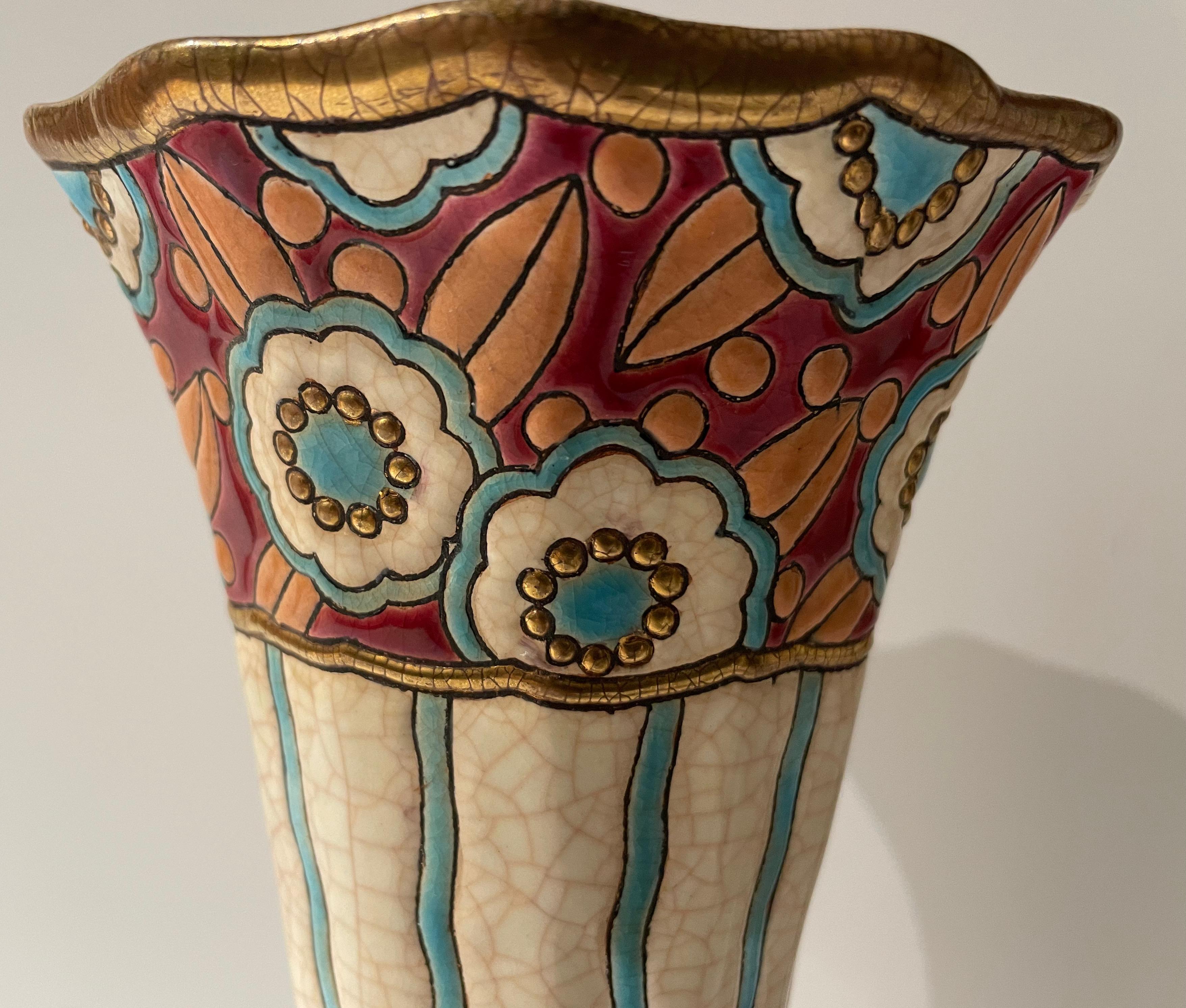 Enamel Longwy Art Deco French Cloisonné Ceramic Vase For Sale