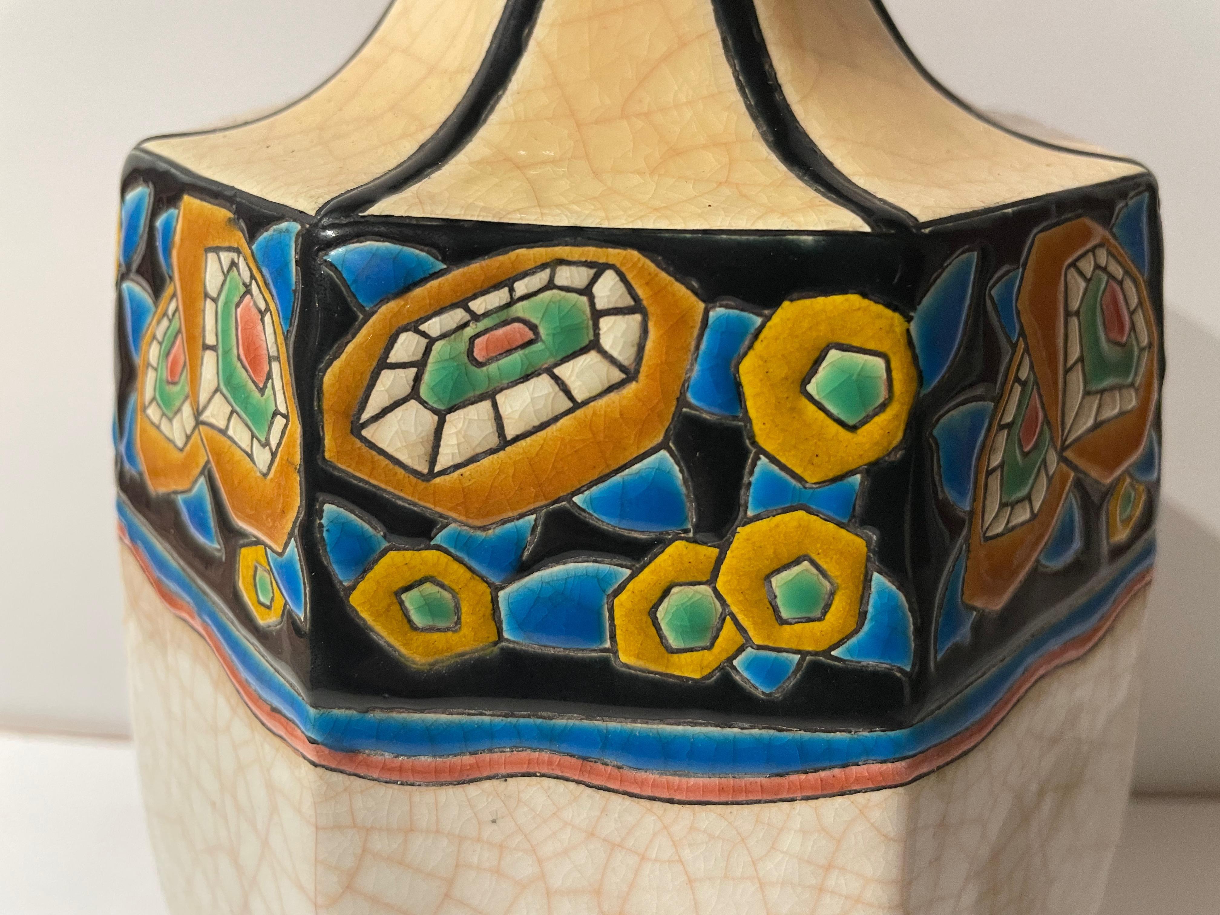 Milieu du XXe siècle Vase en céramique cloisonnée Longwy Art déco français en vente