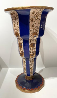 Longwy Art Deco French Cloisonné Ceramic Vase Stepped with Flowers Grand Size