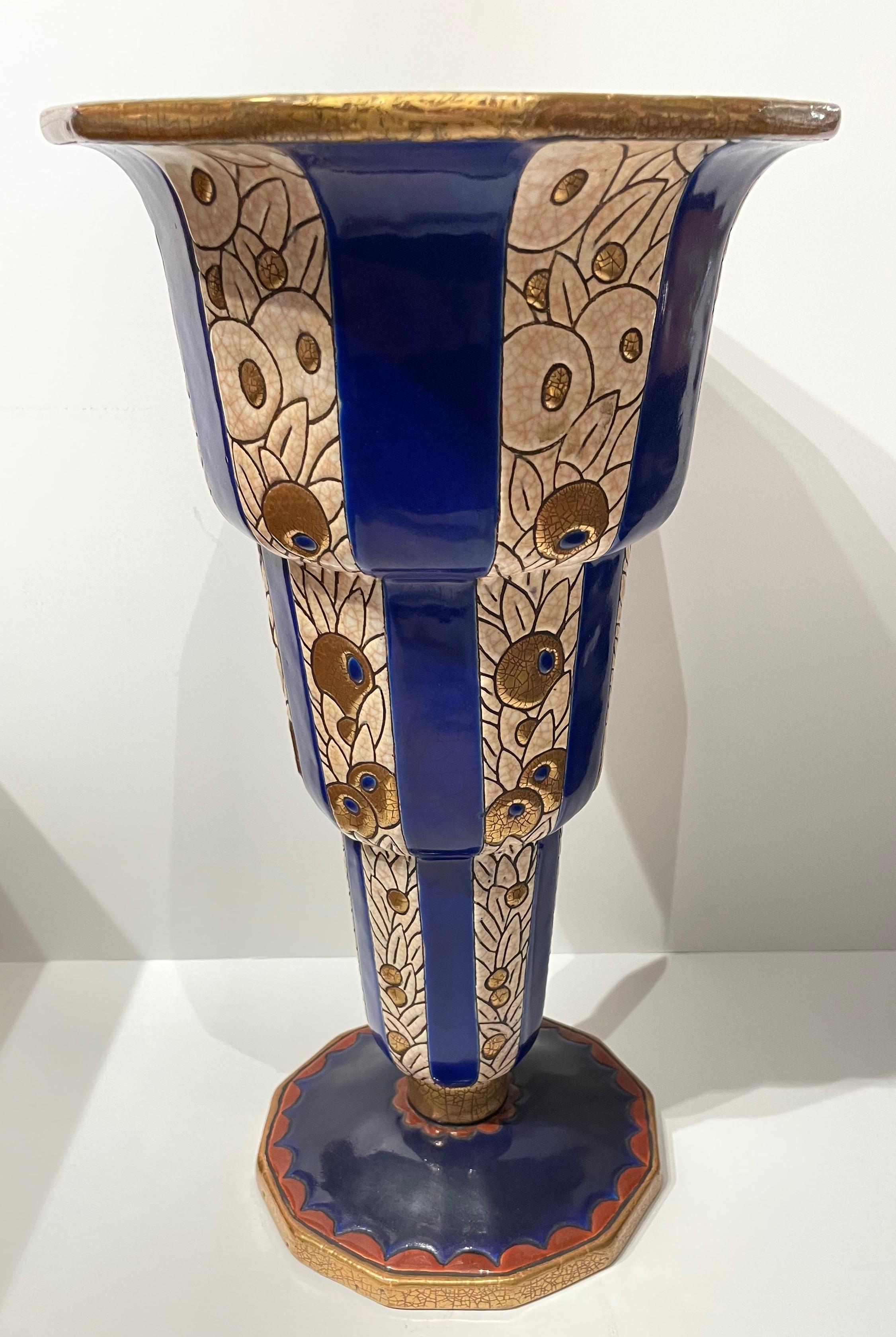 Cloissoné Longwy Art Deco French Cloisonné Ceramic Vase Stepped with Flowers Grand Size For Sale