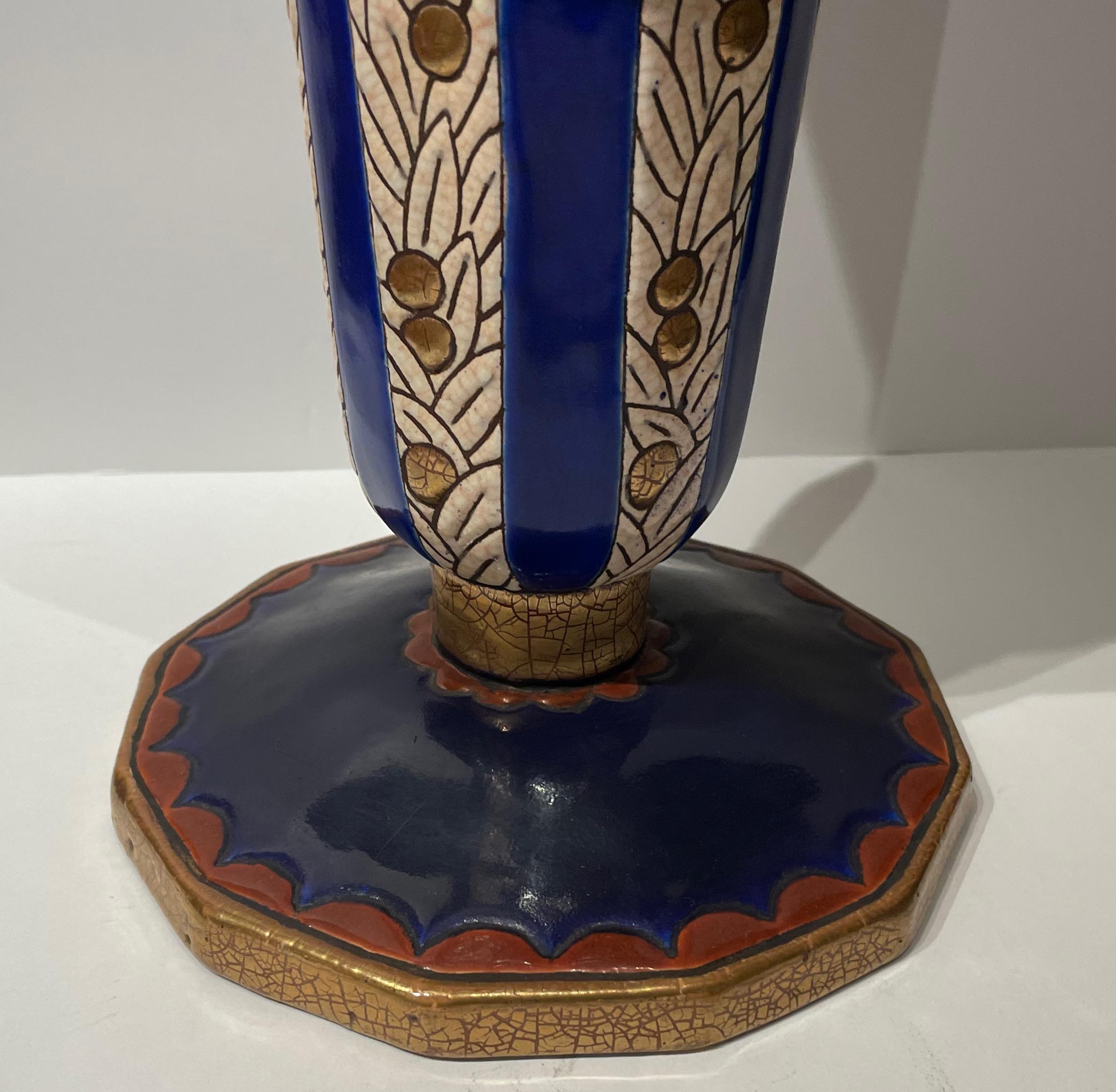 Longwy Art Deco Französische Cloisonné-Keramikvase mit Blumen in Großformat im Angebot 1